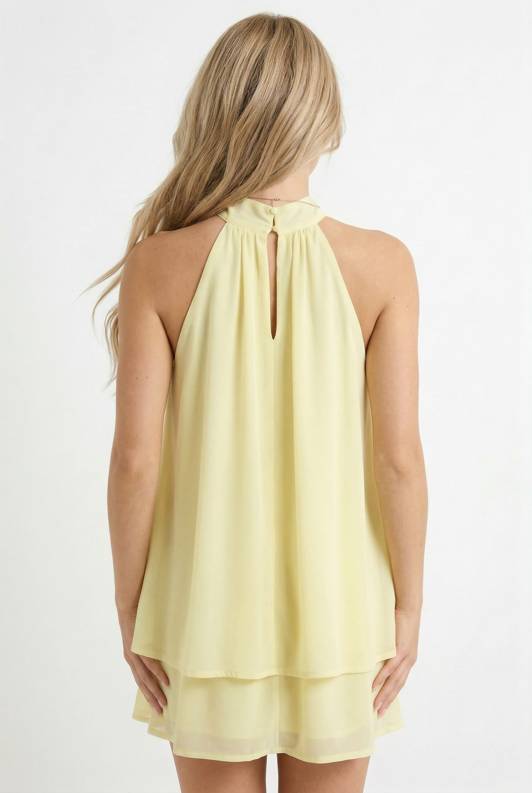 Lemon Yellow Halter Tiered Mini Dress