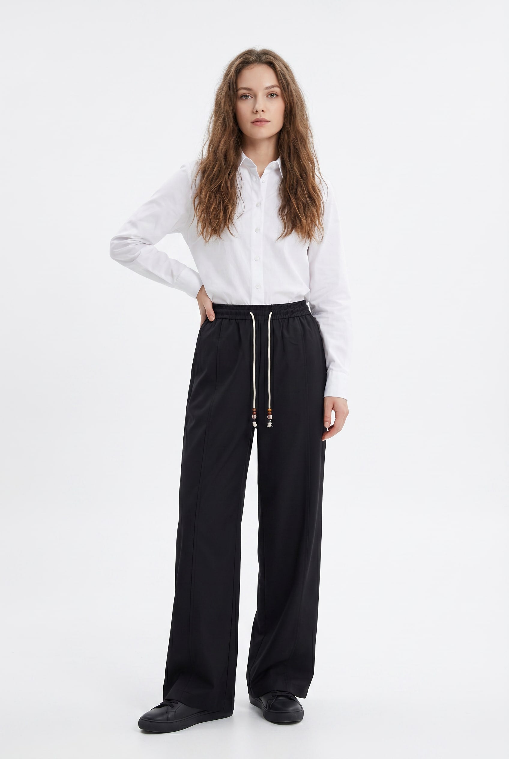 Black Wide-Leg Drawstring Trousers
