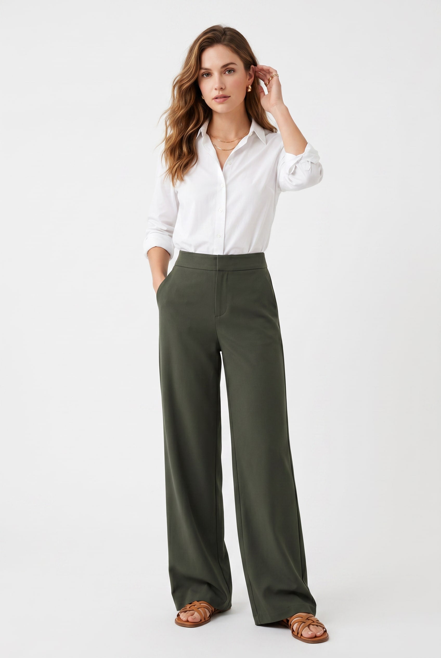Olive Green Wide Leg Tailored Trousers