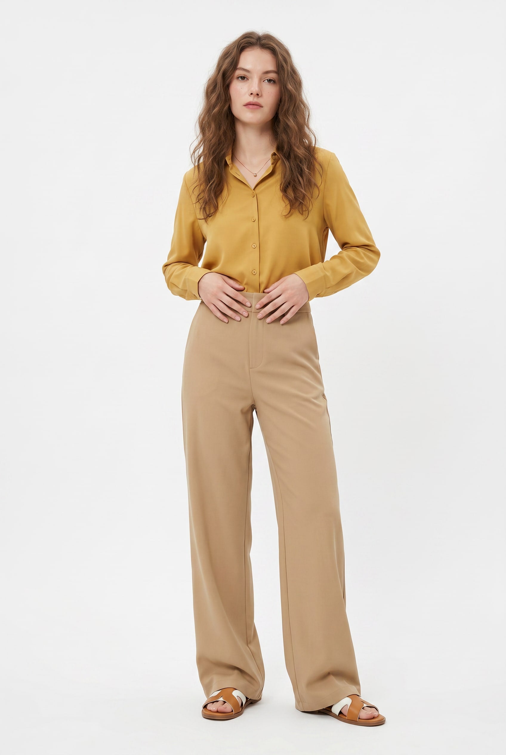 Camel High-Waisted Wide-Leg Trousers