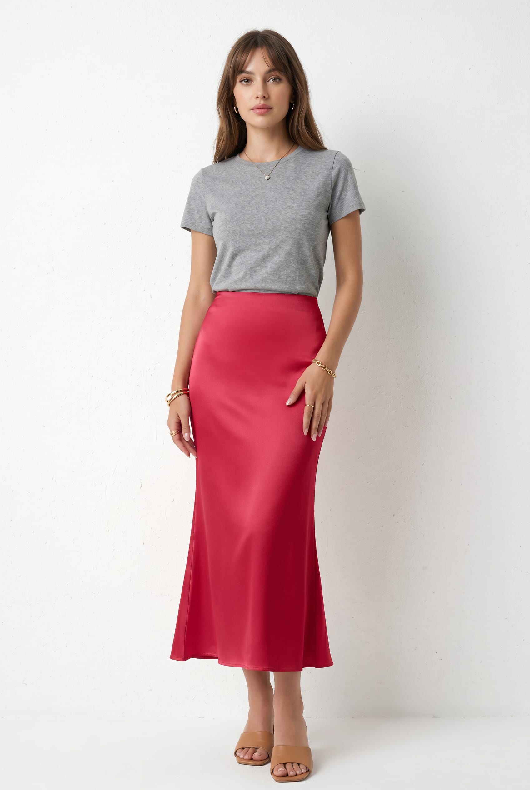 Coral Pink Satin Midi Skirt