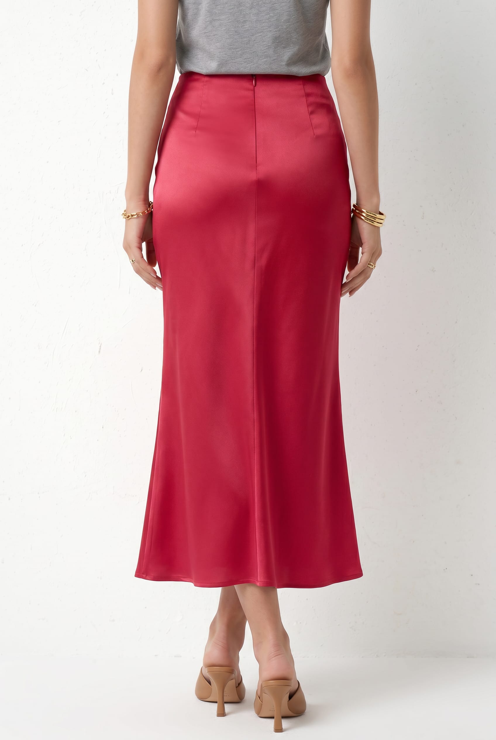 Coral Pink Satin Midi Skirt