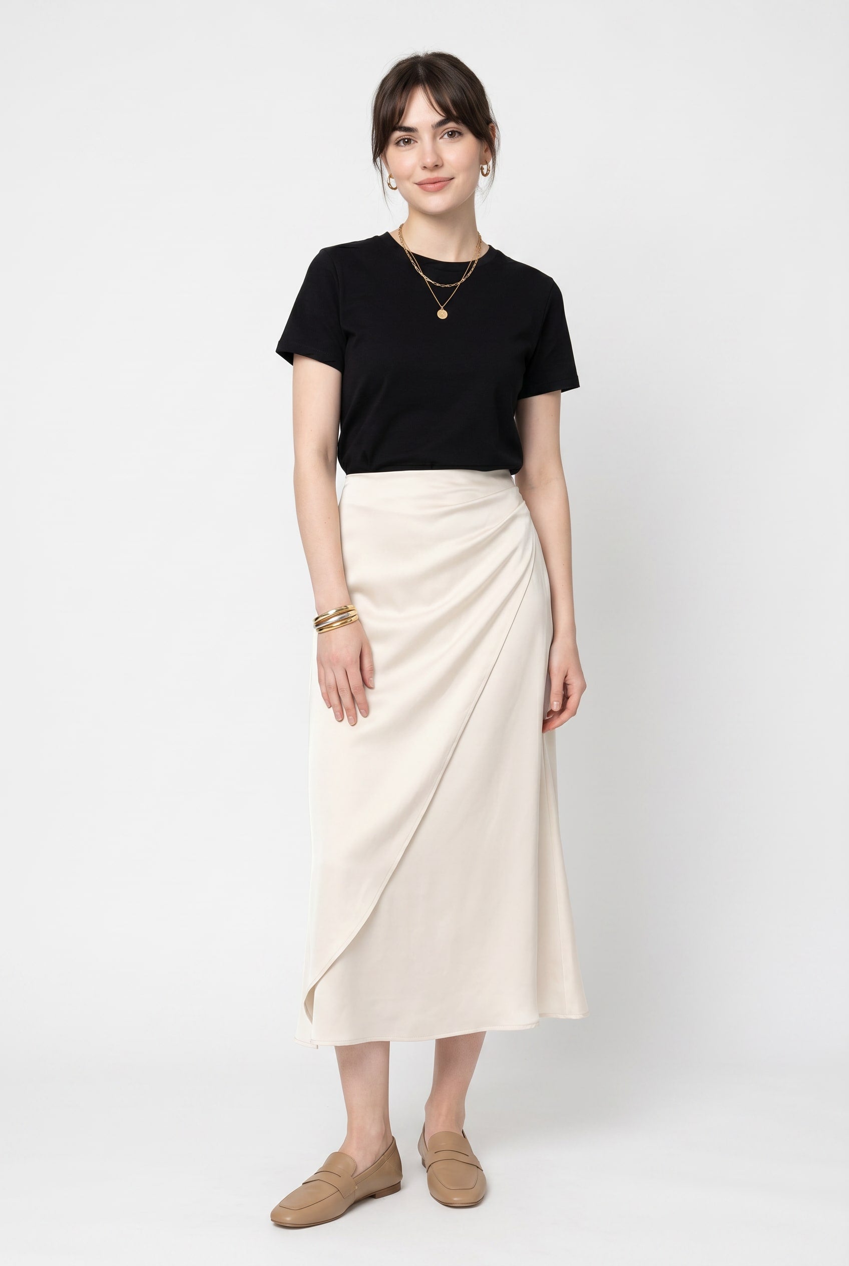 Cream Satin Wrap Midi Skirt