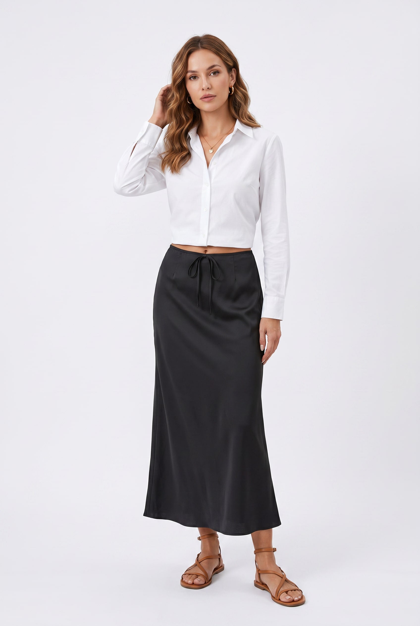 Black Satin Maxi Skirt Drawstring