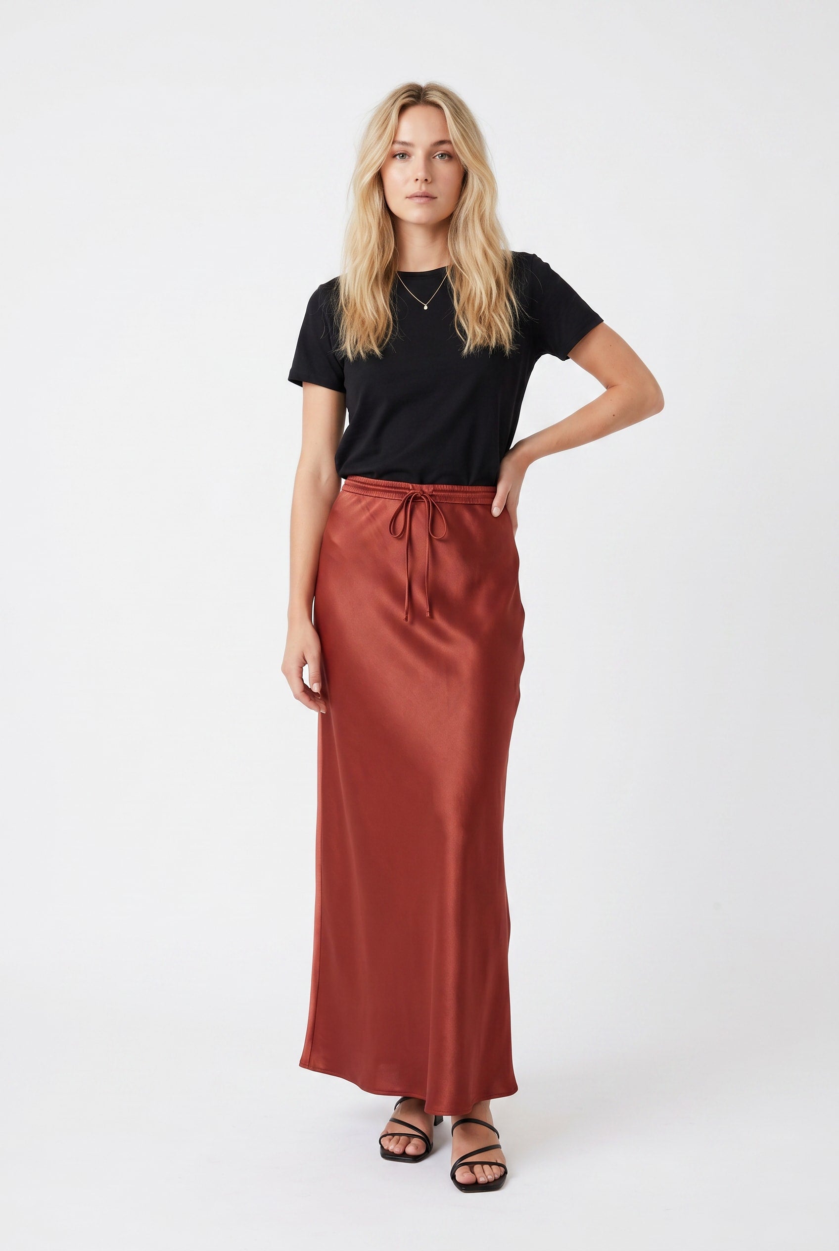 Rust Satin Drawstring Maxi Skirt