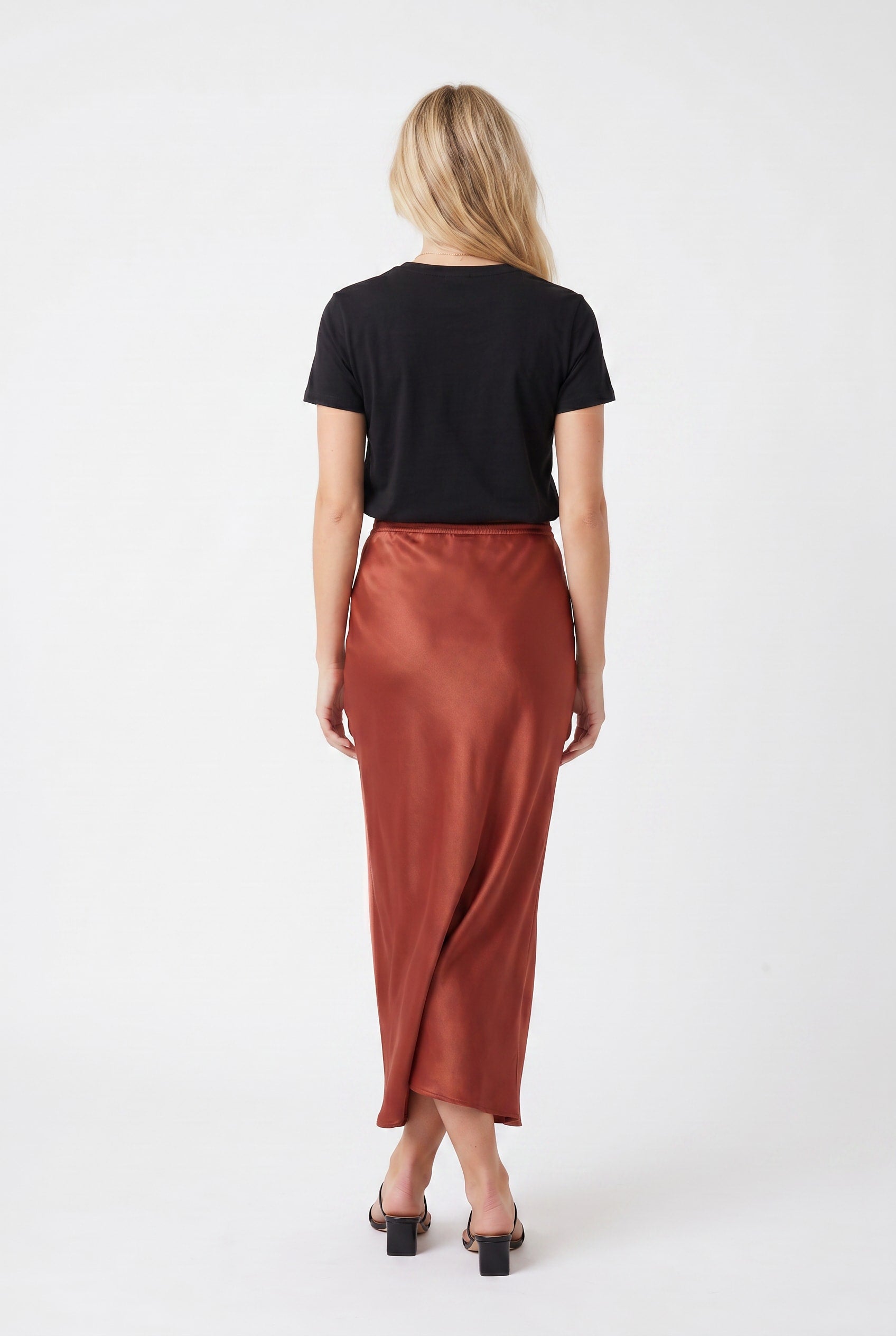 Rust Satin Drawstring Maxi Skirt