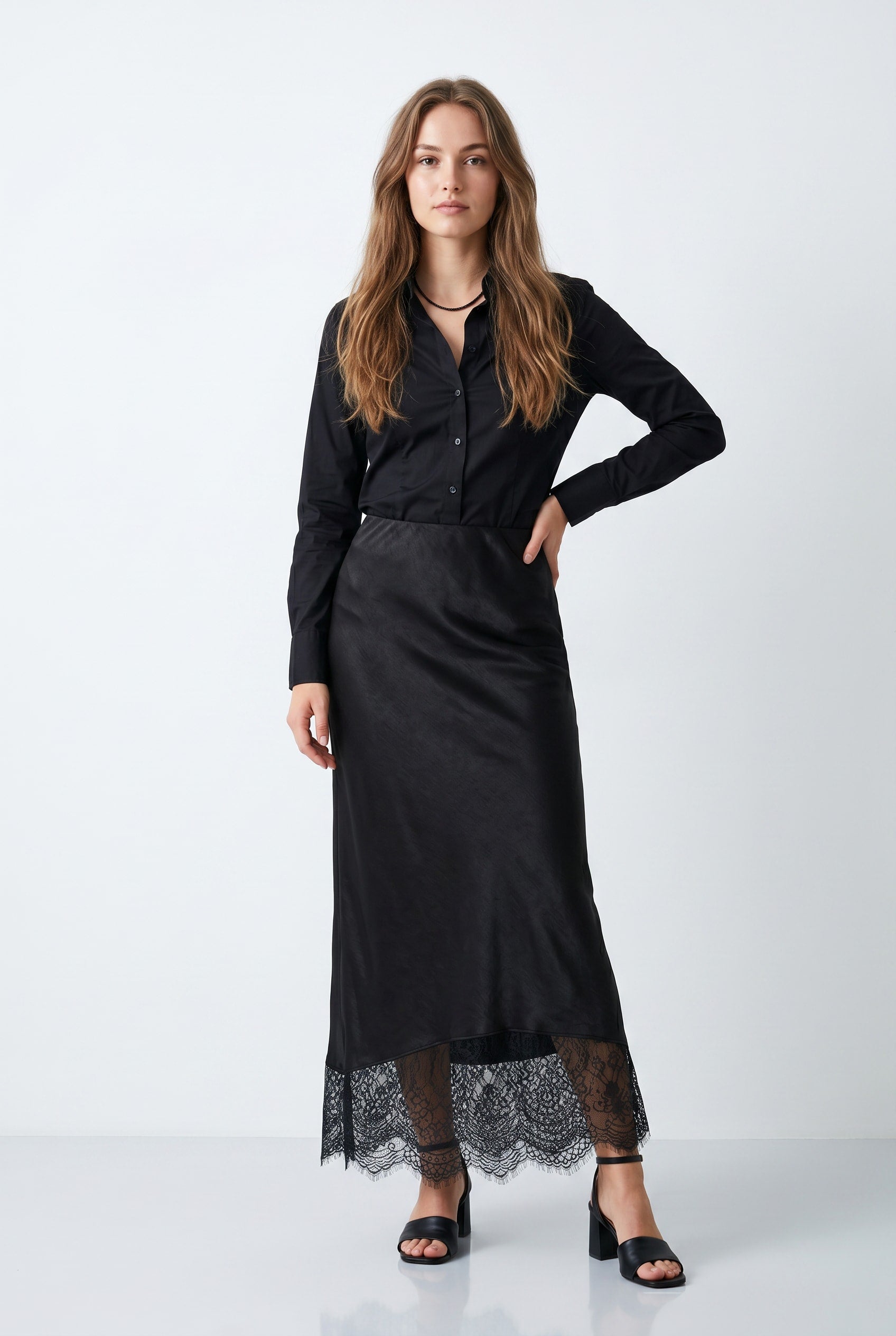 Black Satin Maxi Slip Skirt