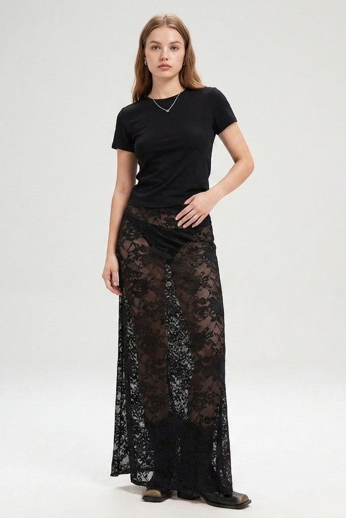 Black Floral Lace Maxi Skirt