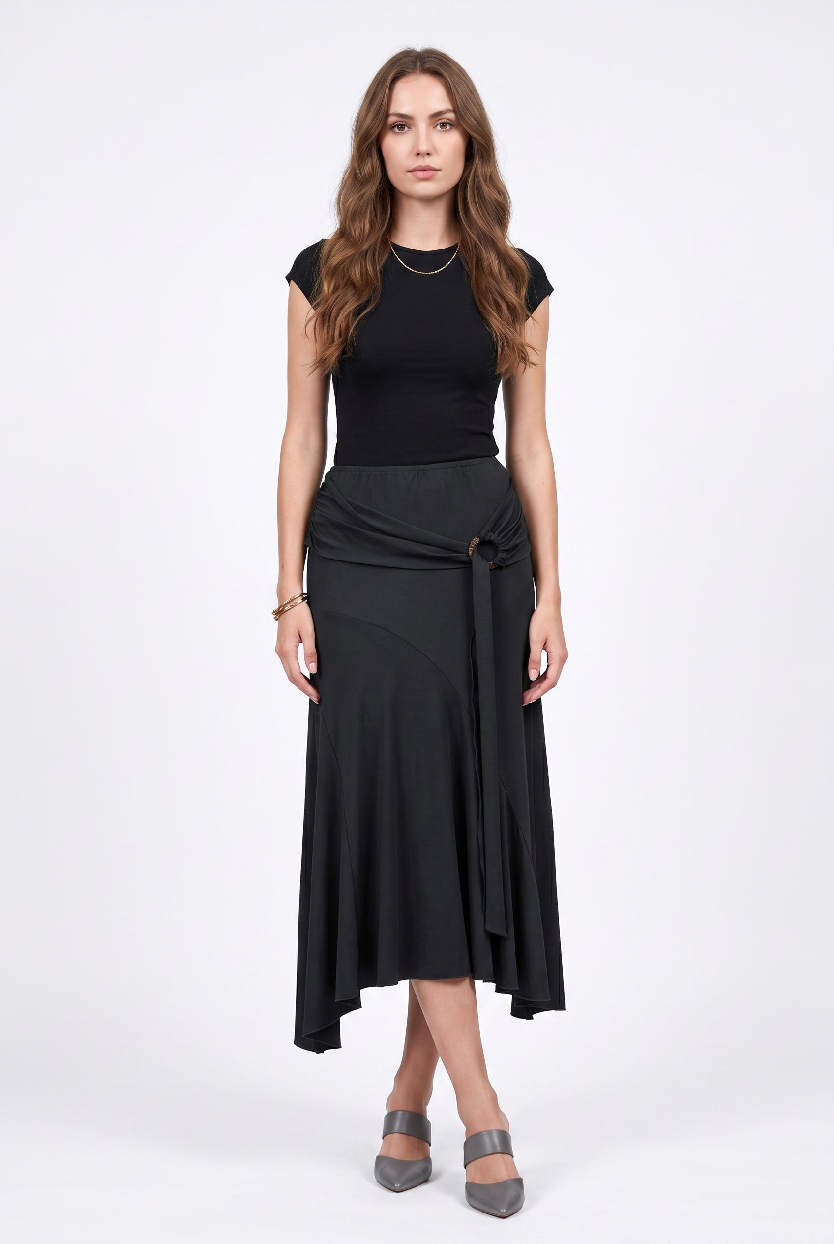 Black Satin Asymmetric Wrap Midi Skirt