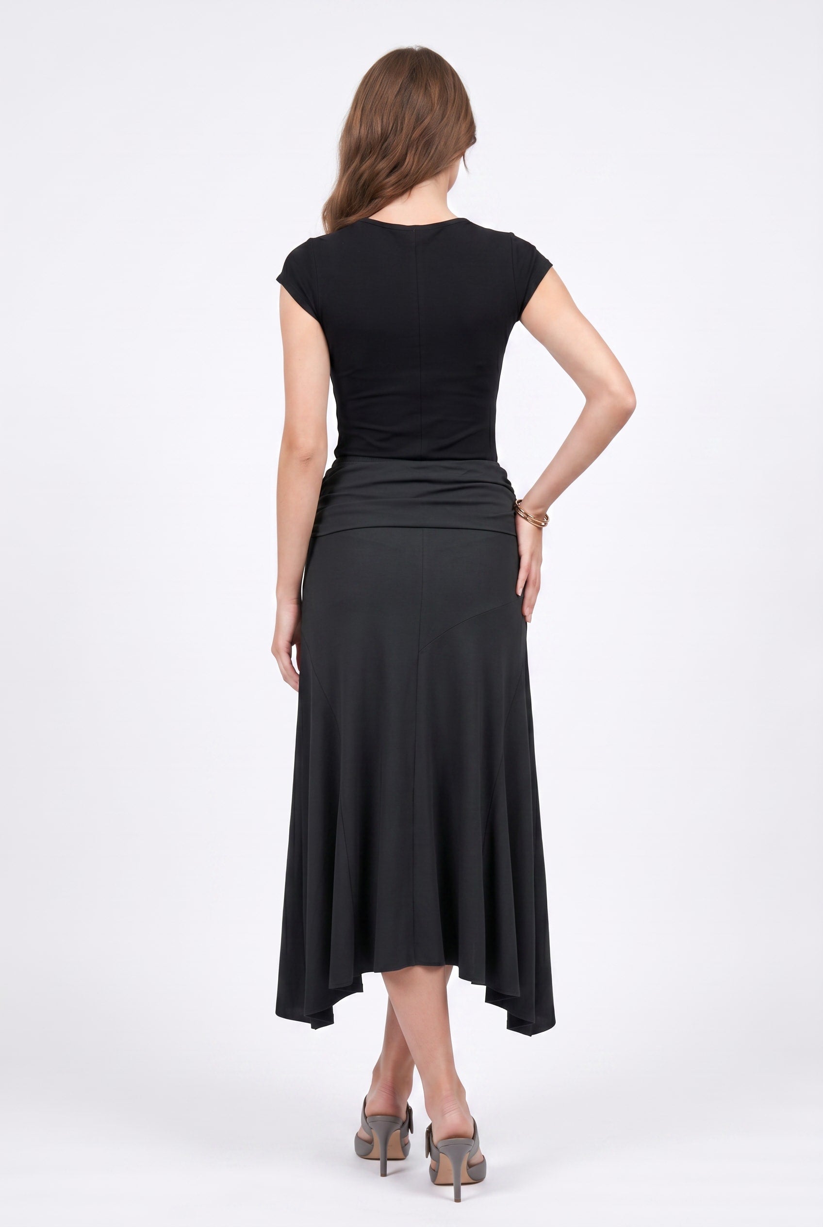 Black Satin Asymmetric Wrap Midi Skirt