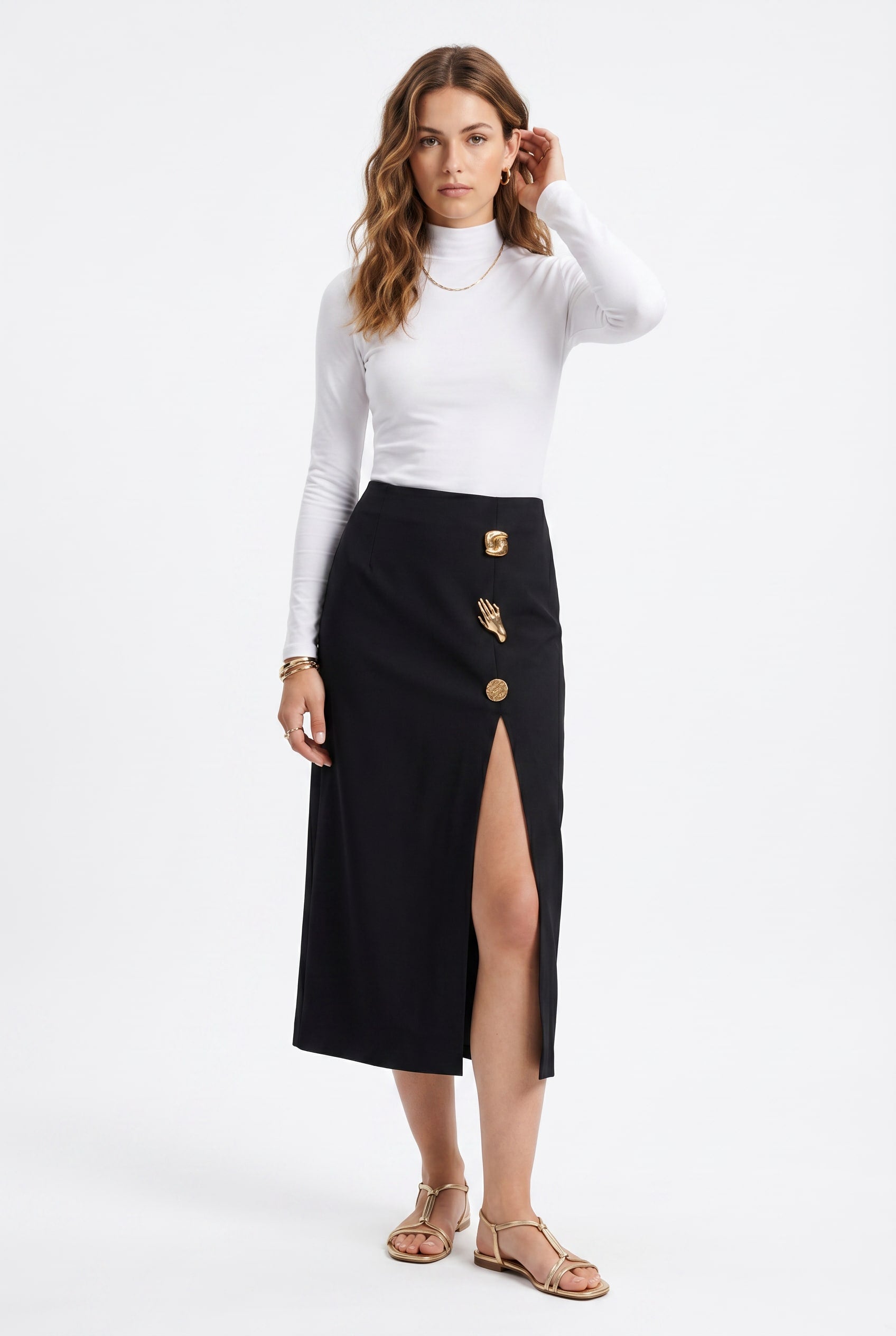Black Midi Skirt Gold Button Detail