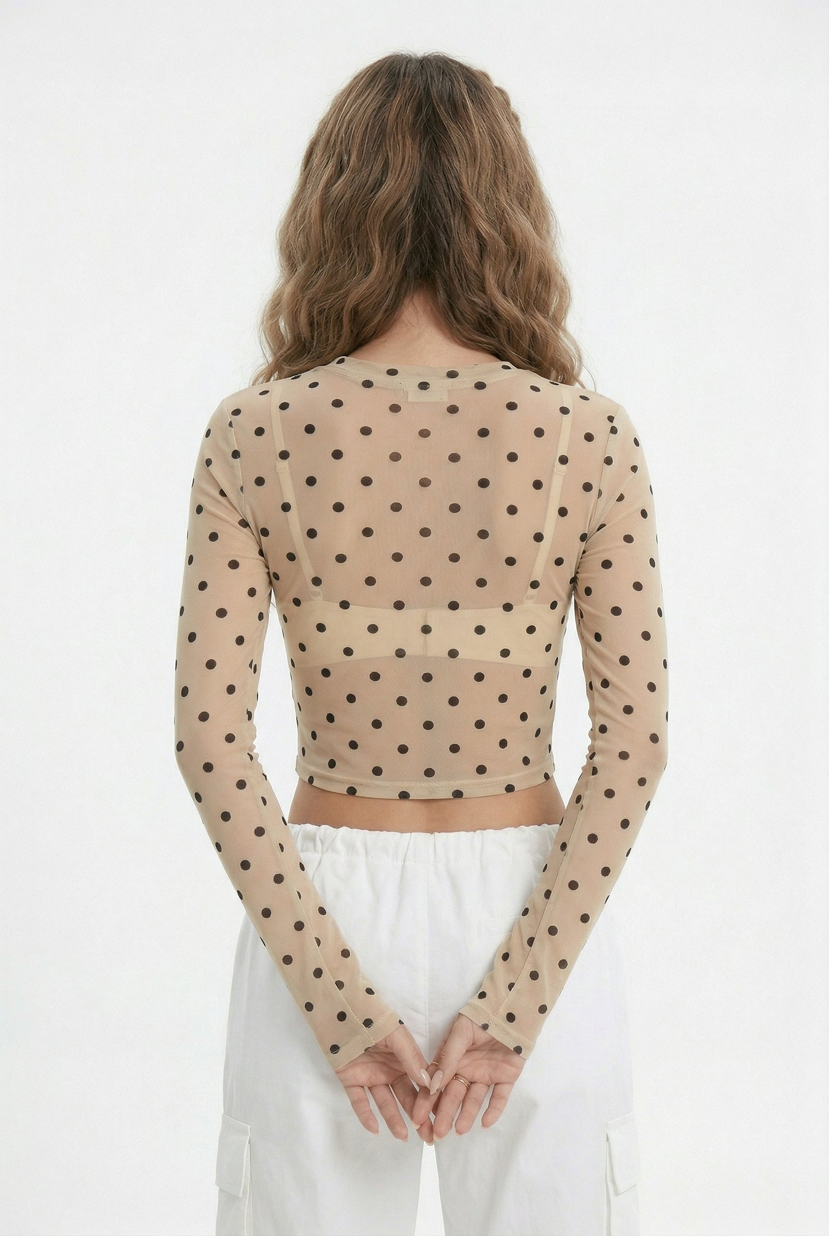 Taupe Sheer Polka Dot Crop Top
