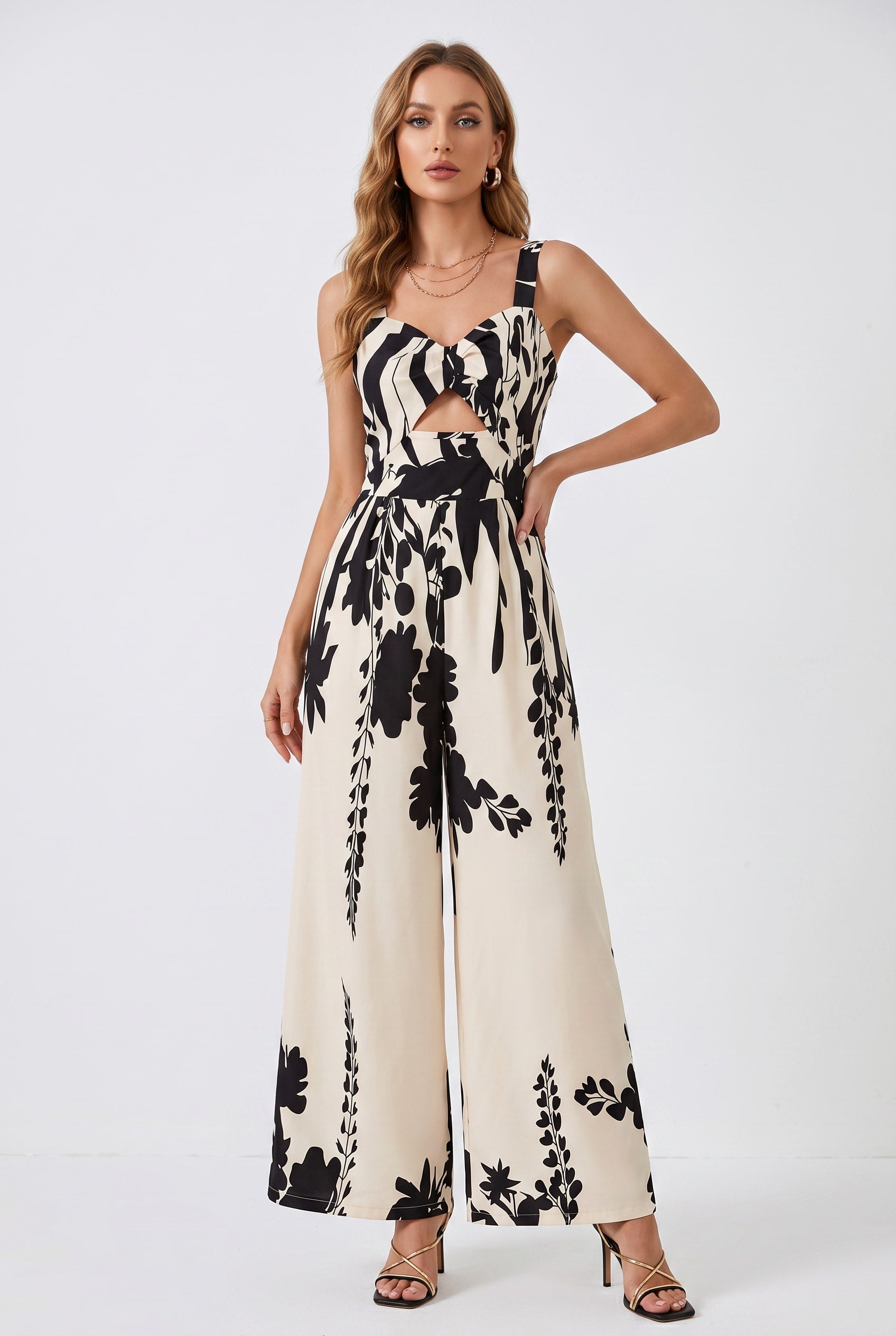 Ivory Black Floral Cutout Belted Jumpsuit