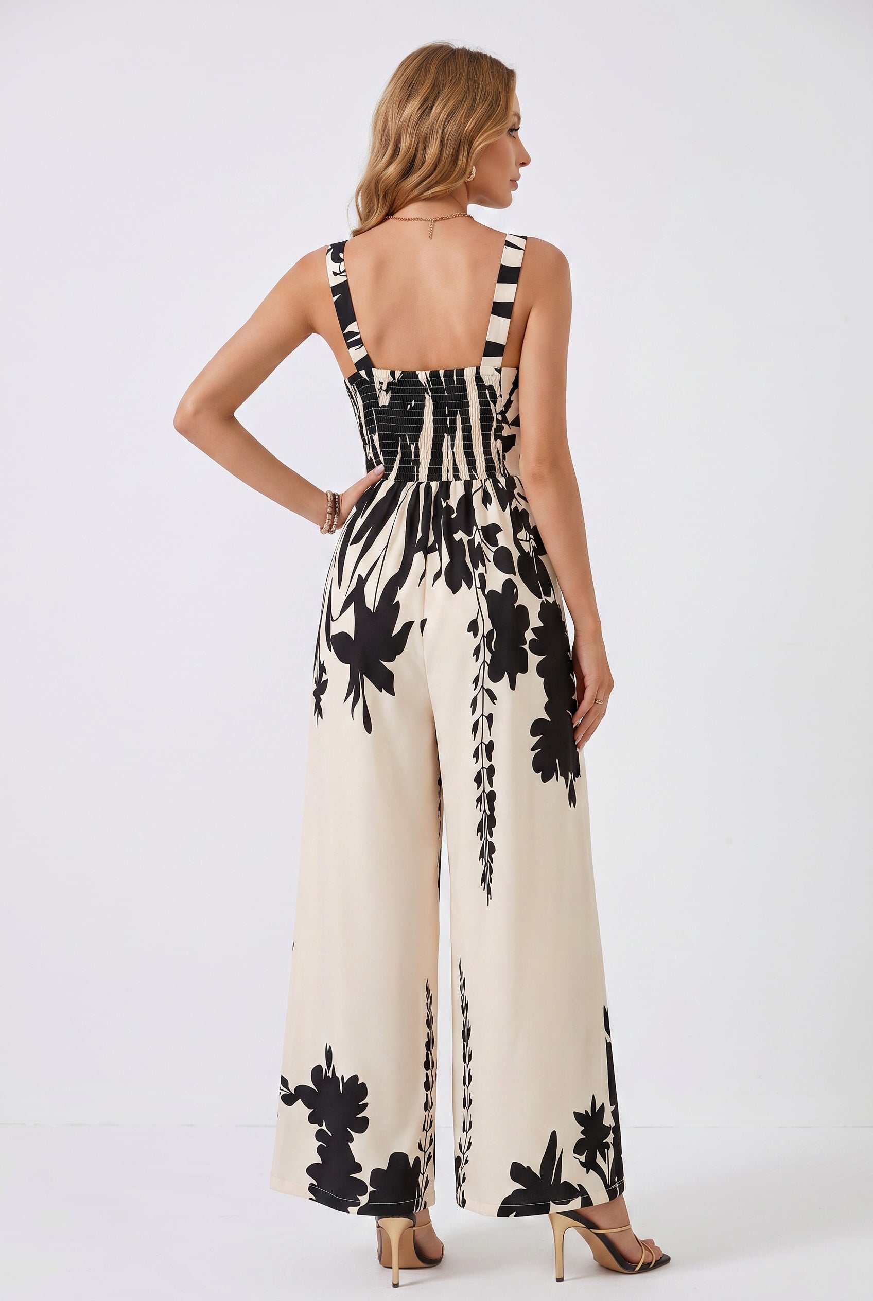 Ivory Black Floral Cutout Belted Jumpsuit