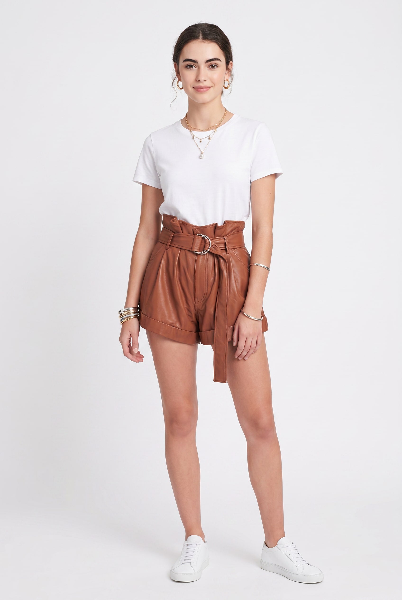 Cognac Faux Leather Paperbag Shorts