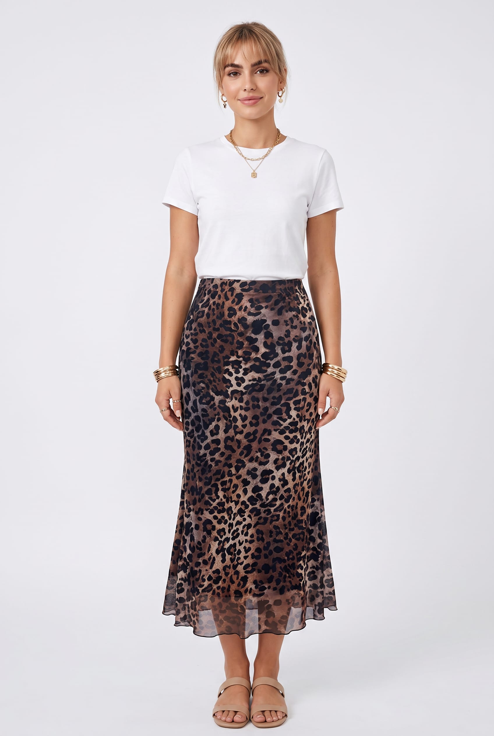 Leopard Print Satin Midi Skirt