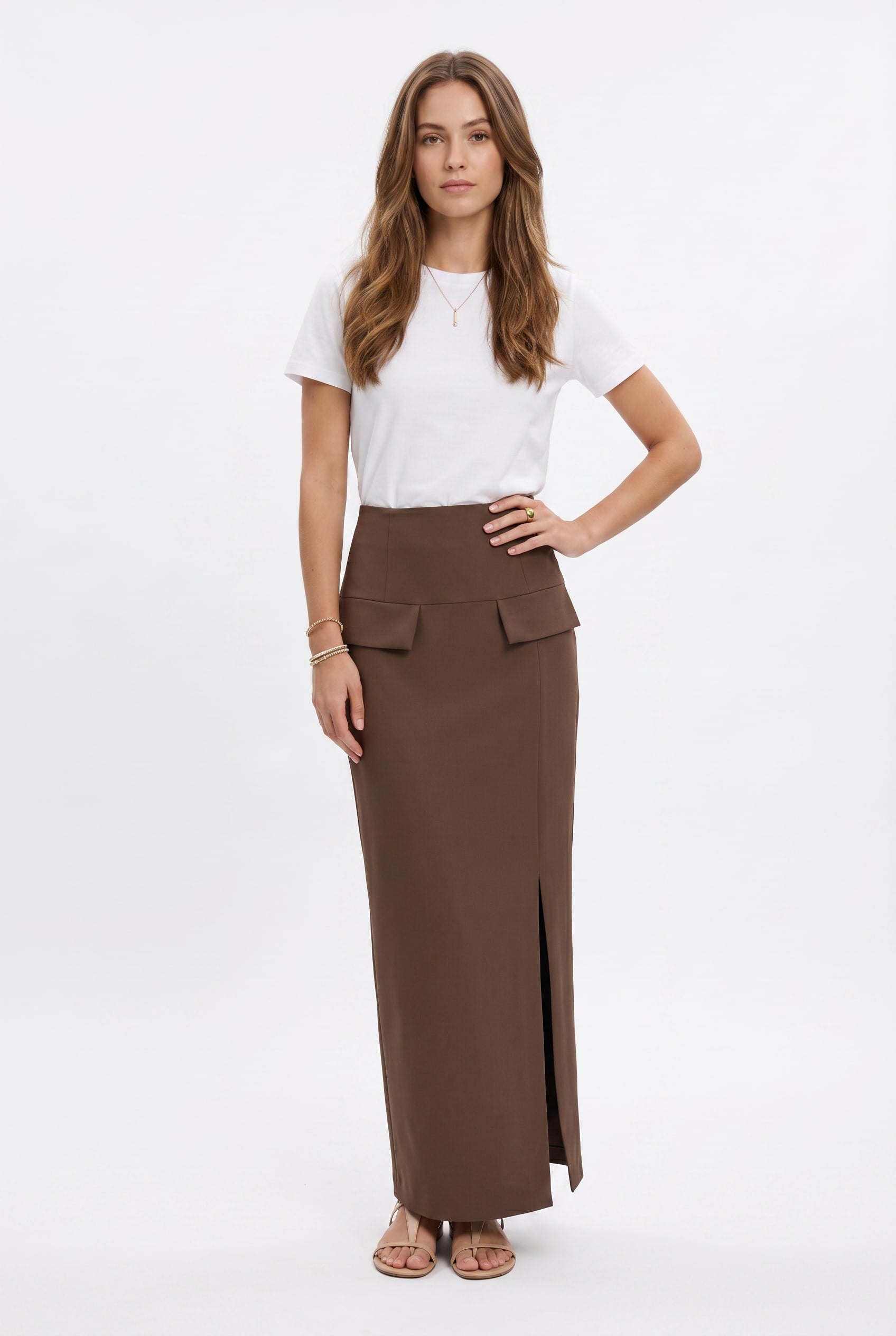 Brown Peplum Waist Maxi Skirt