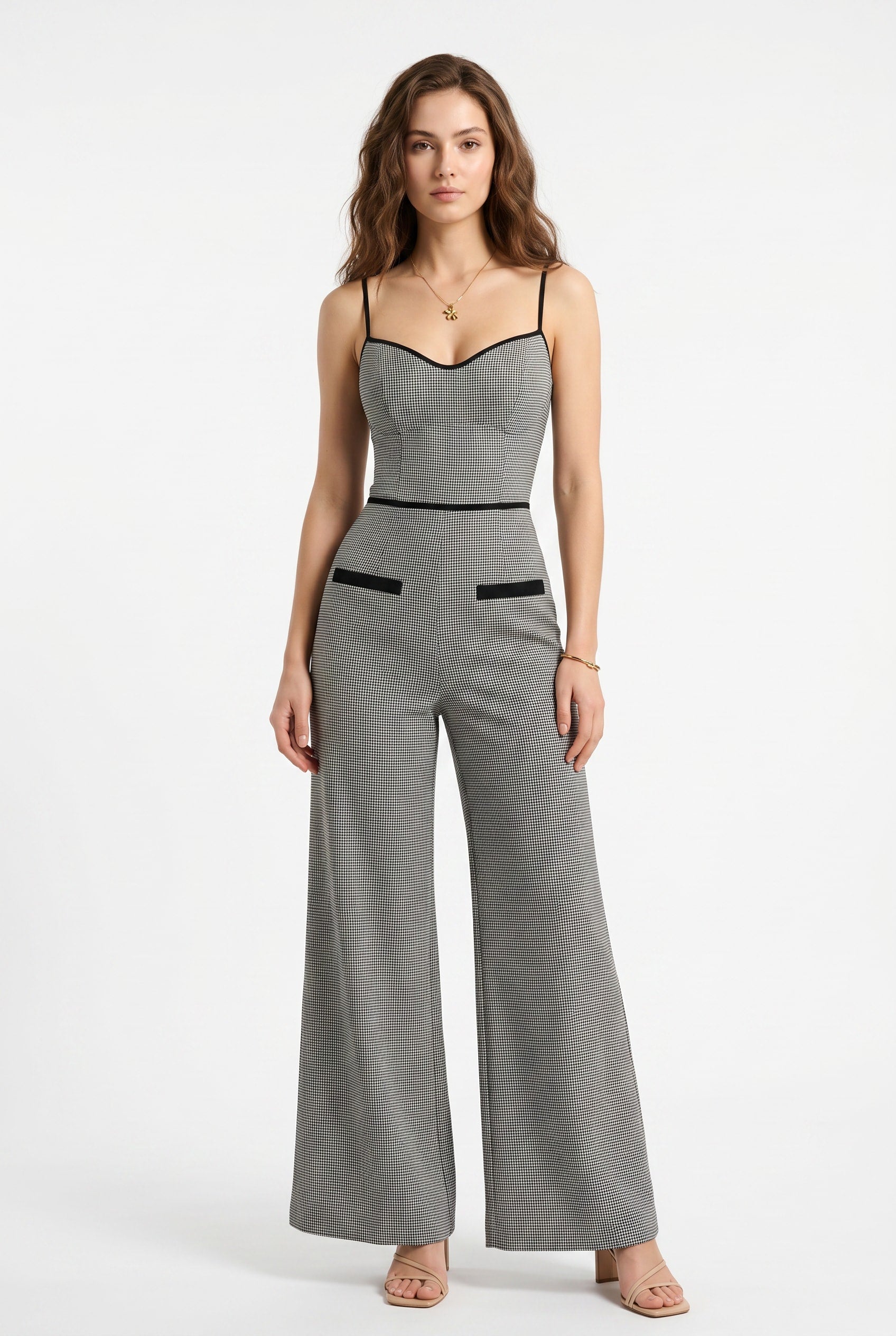 Houndstooth Contrast Trim Wide-Leg Jumpsuit
