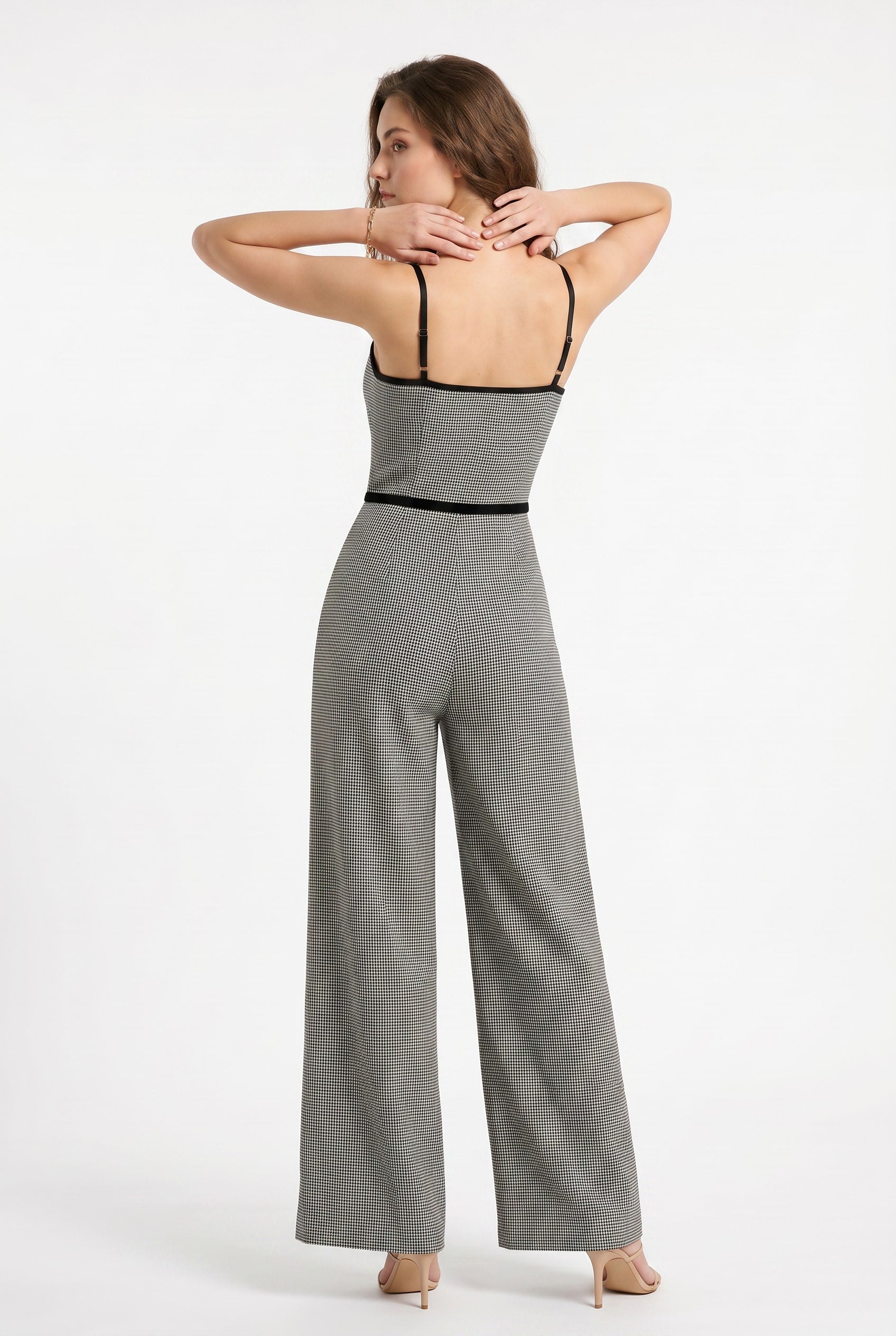 Houndstooth Contrast Trim Wide-Leg Jumpsuit