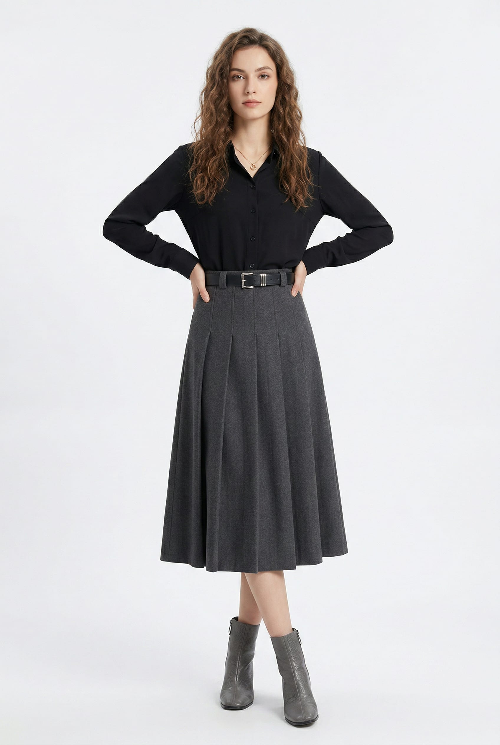 Charcoal Pleated Midi Wool Trousers