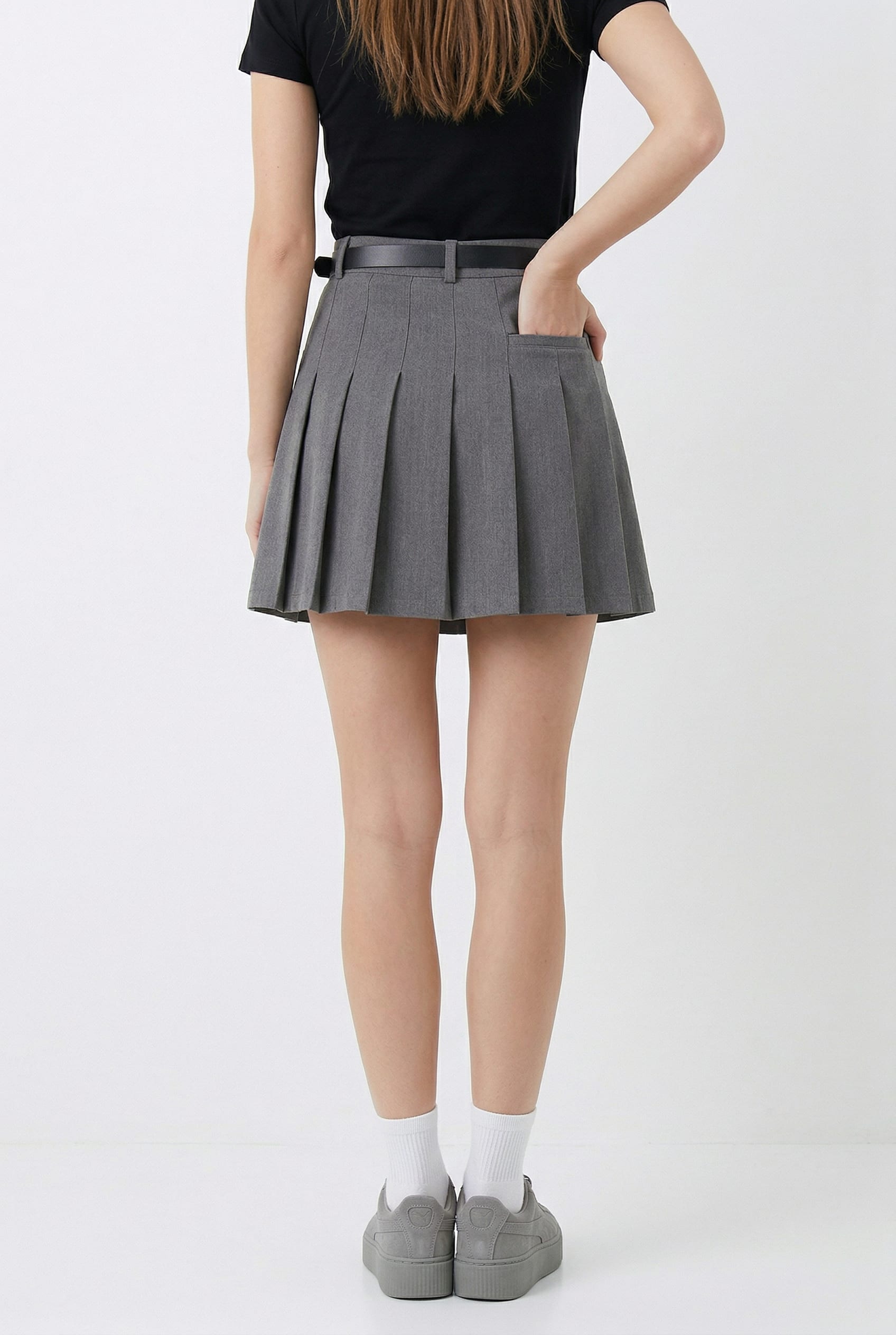 Grey Pleated Mini Skort with Belt