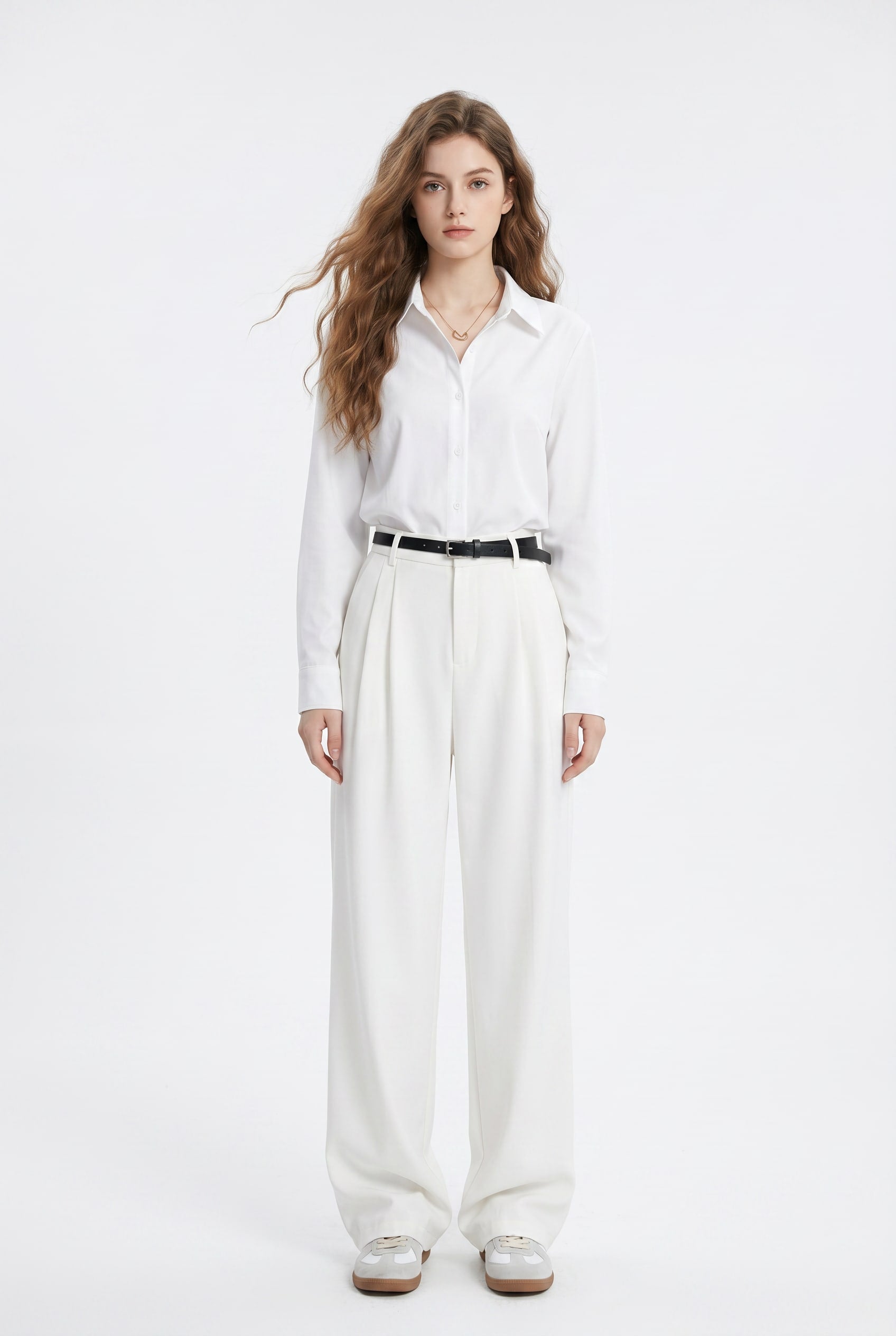 White Wide-Leg Pleated Tailored Trousers