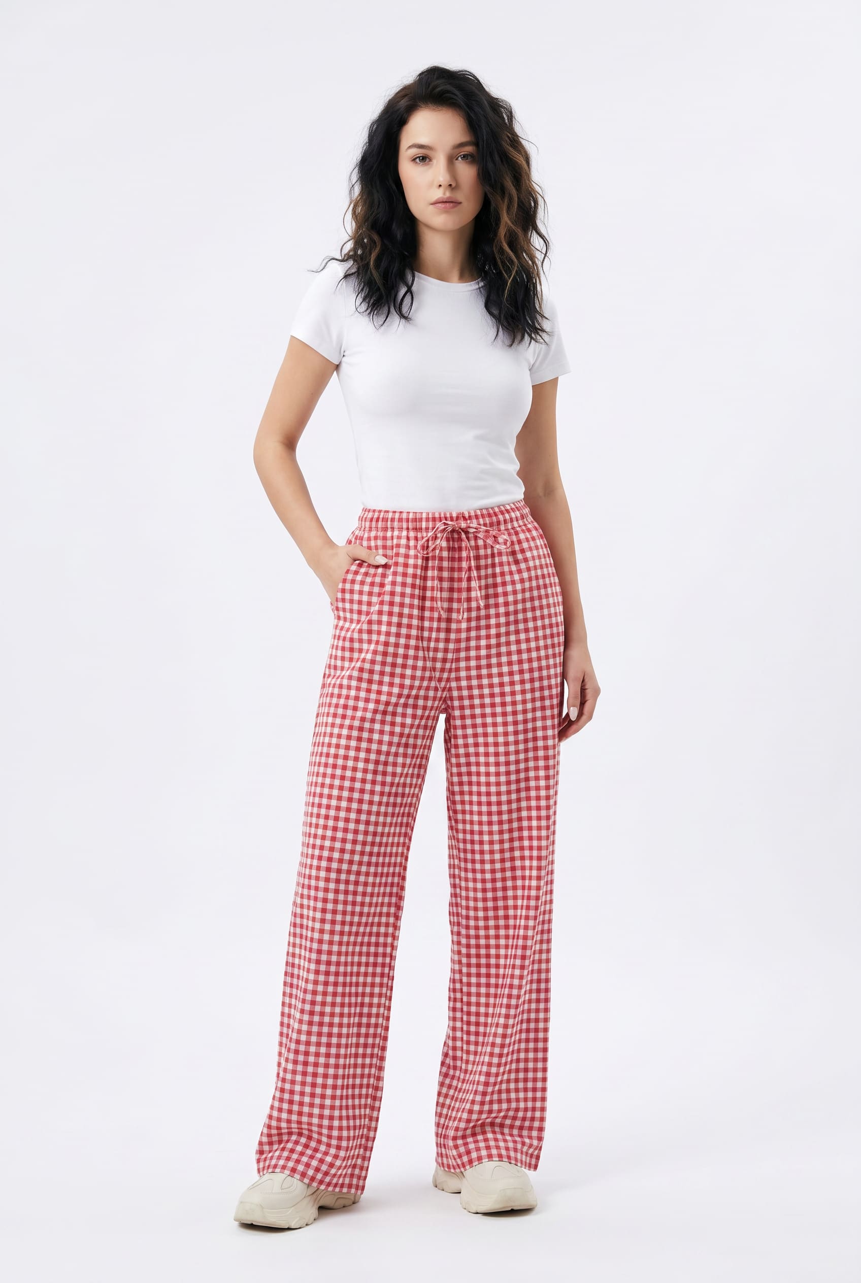 Red Gingham Wide-Leg Lounge Trousers