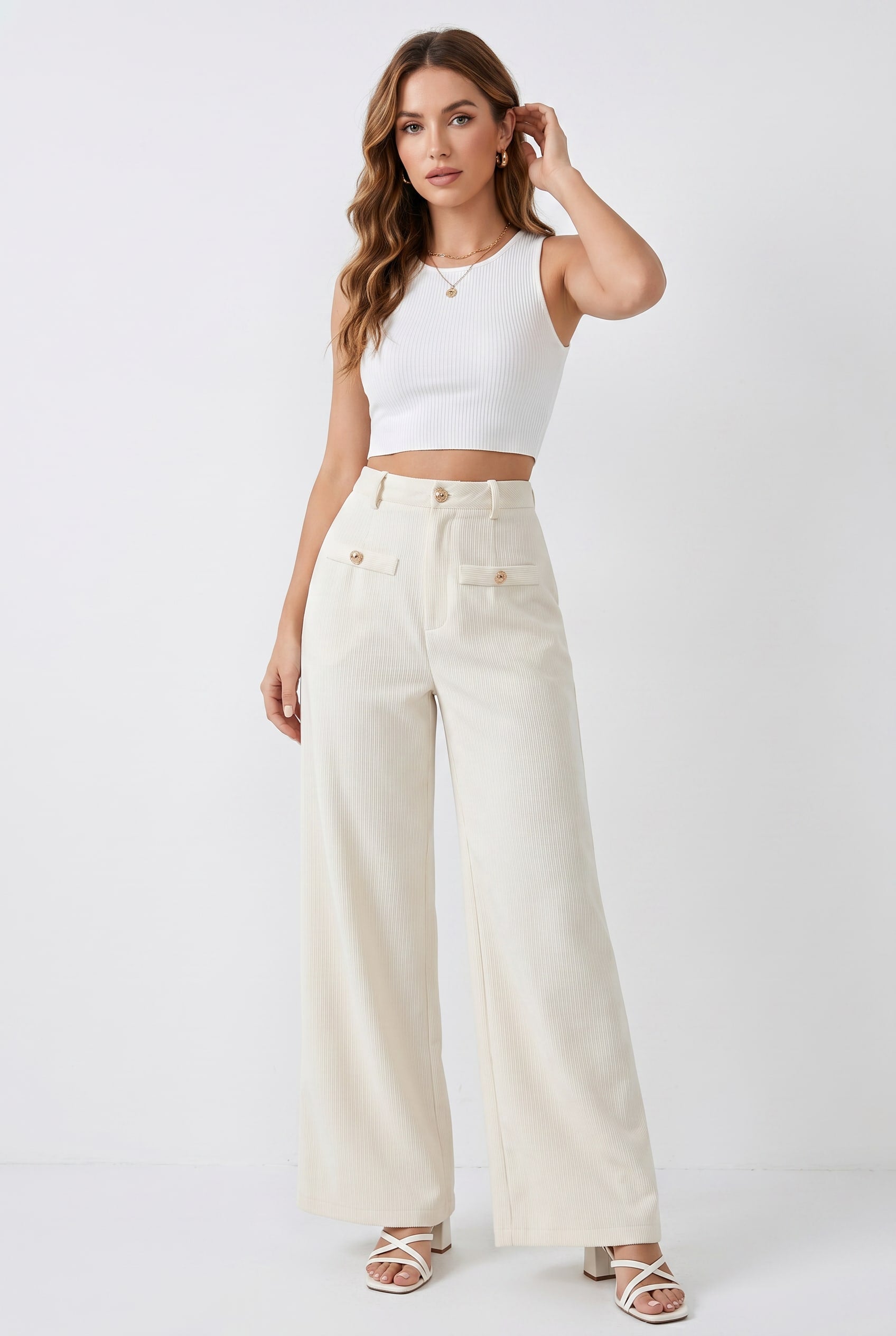 Cream Corduroy Wide Leg Tailored Trousers