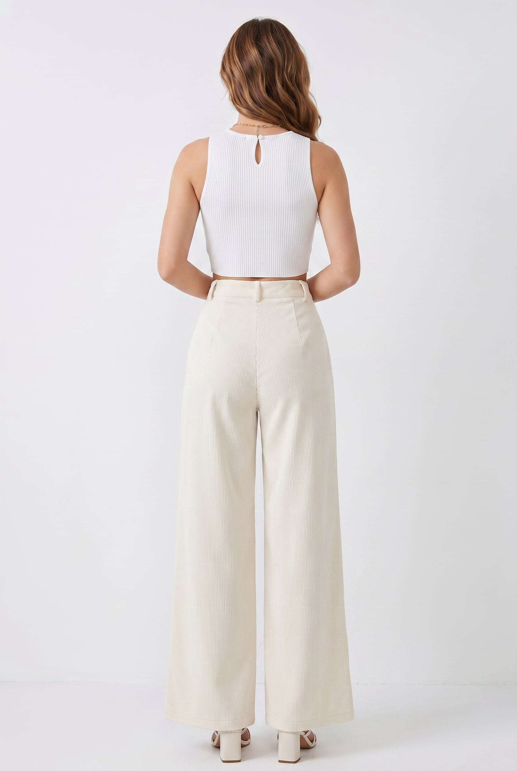 Cream Corduroy Wide Leg Tailored Trousers