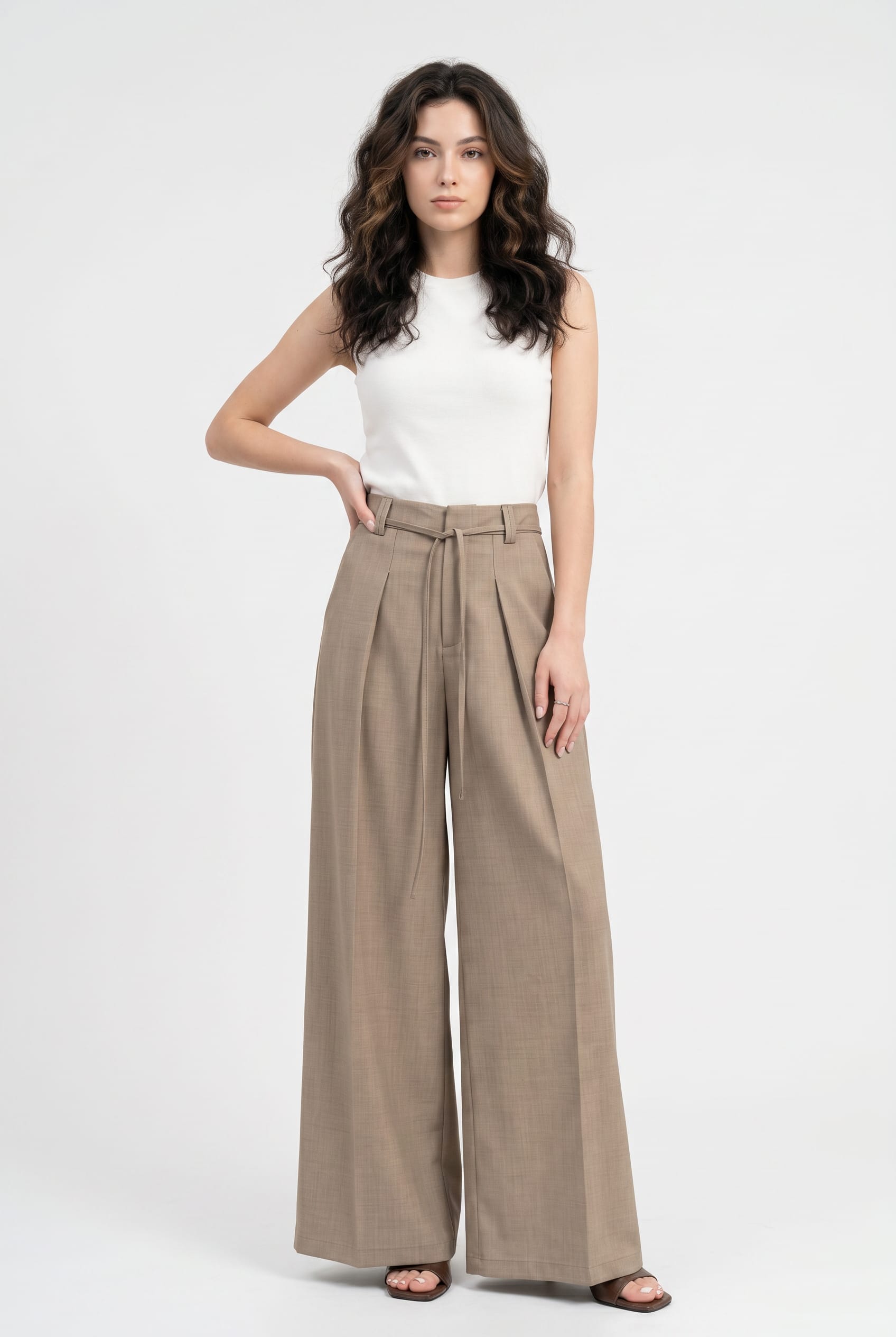 Taupe Wide-Leg Pleated Trousers