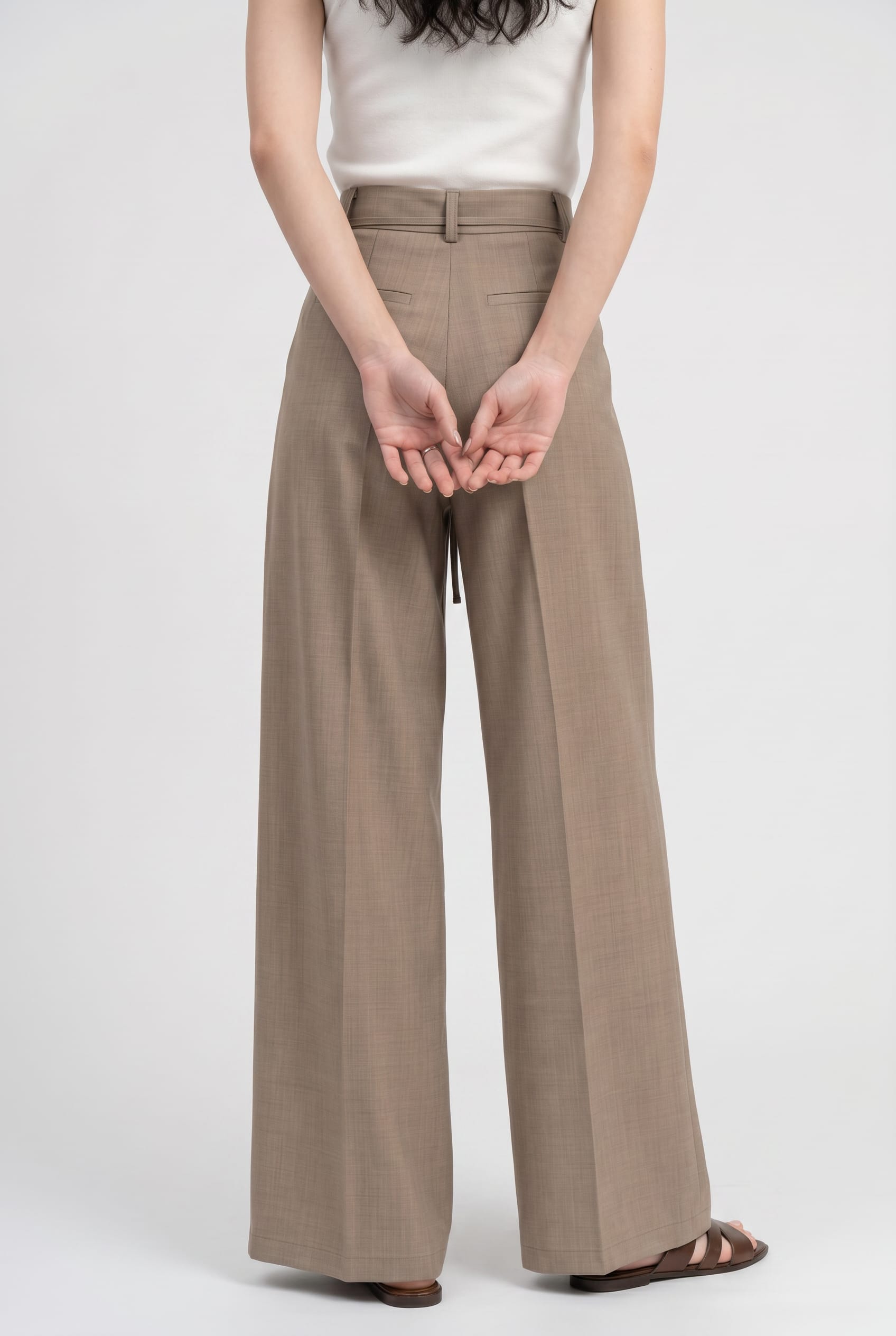 Taupe Wide-Leg Pleated Trousers