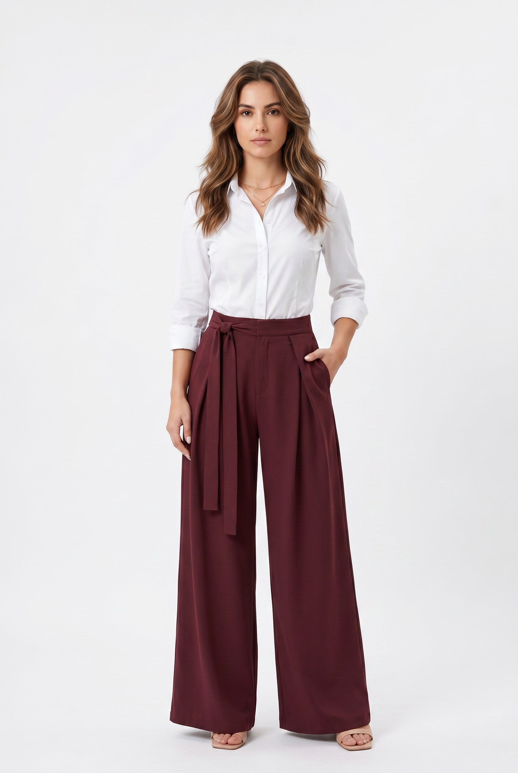 Burgundy Wide Leg Tie Waist Trousers
