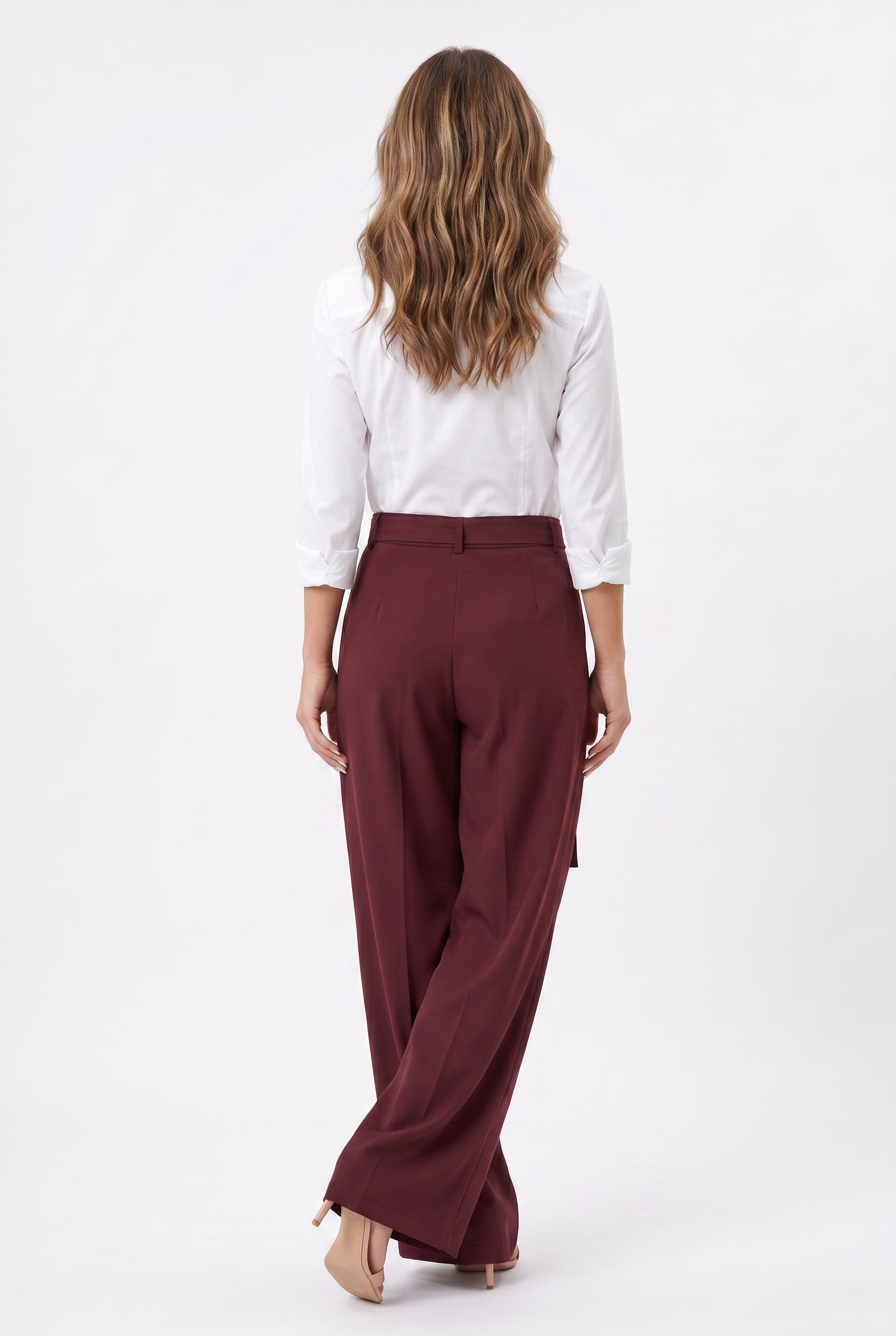 Burgundy Wide Leg Tie Waist Trousers