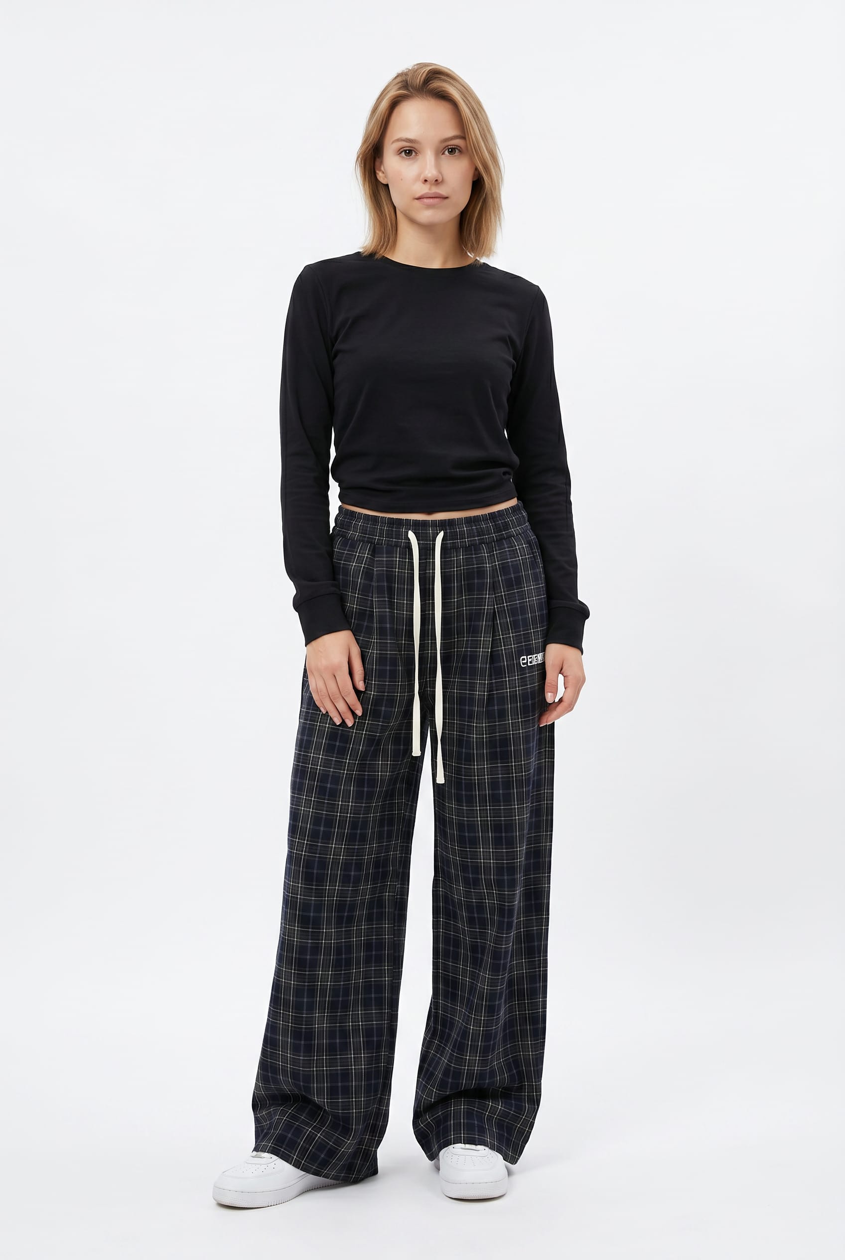 Black Checked Wide Leg Drawstring Trousers