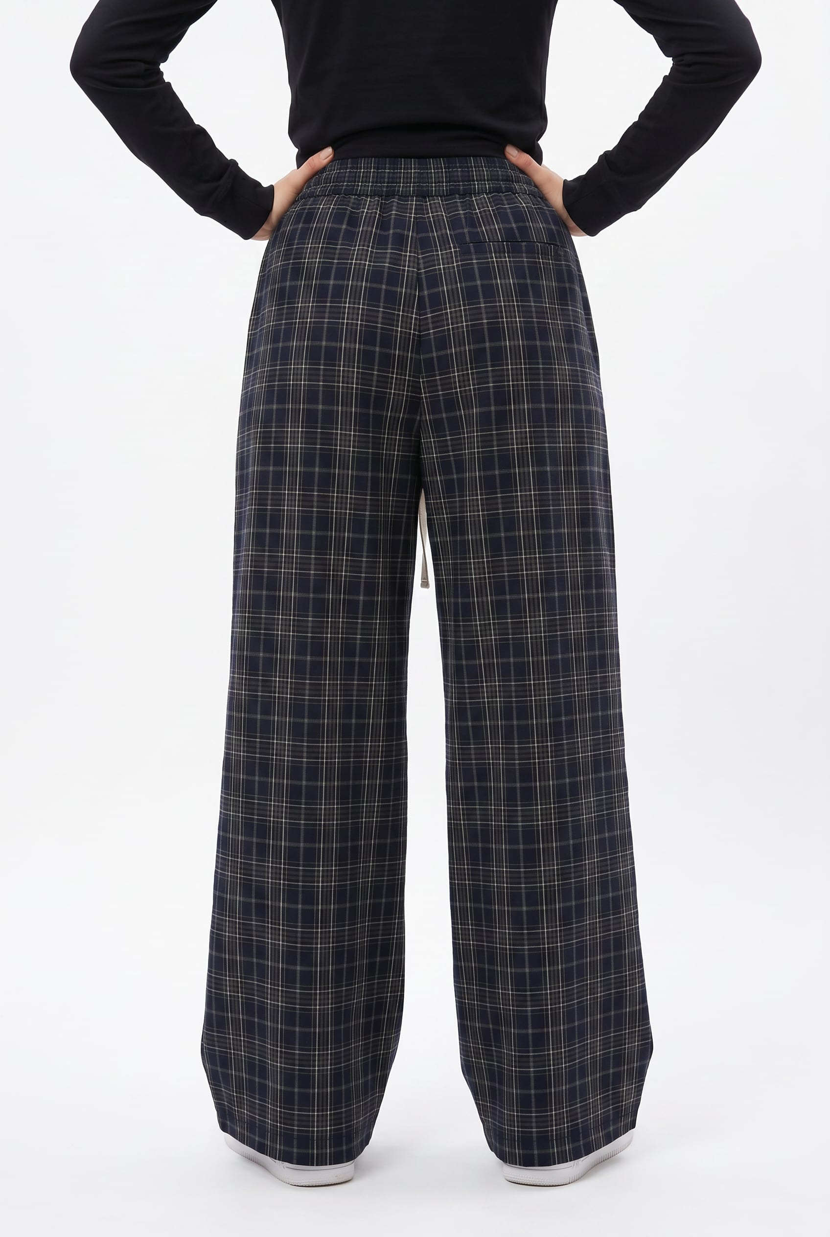 Black Checked Wide Leg Drawstring Trousers