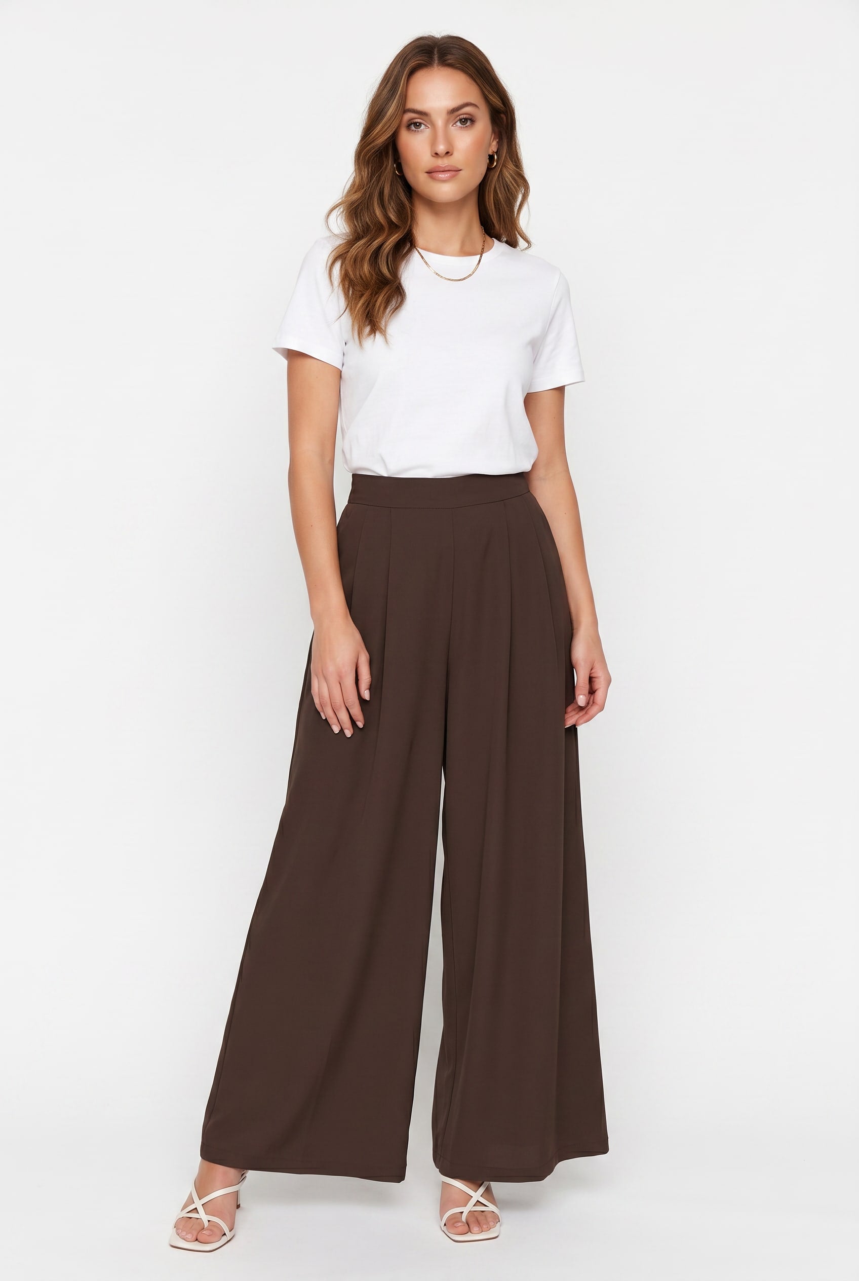Chocolate Brown Wide Leg Pleated Trousers