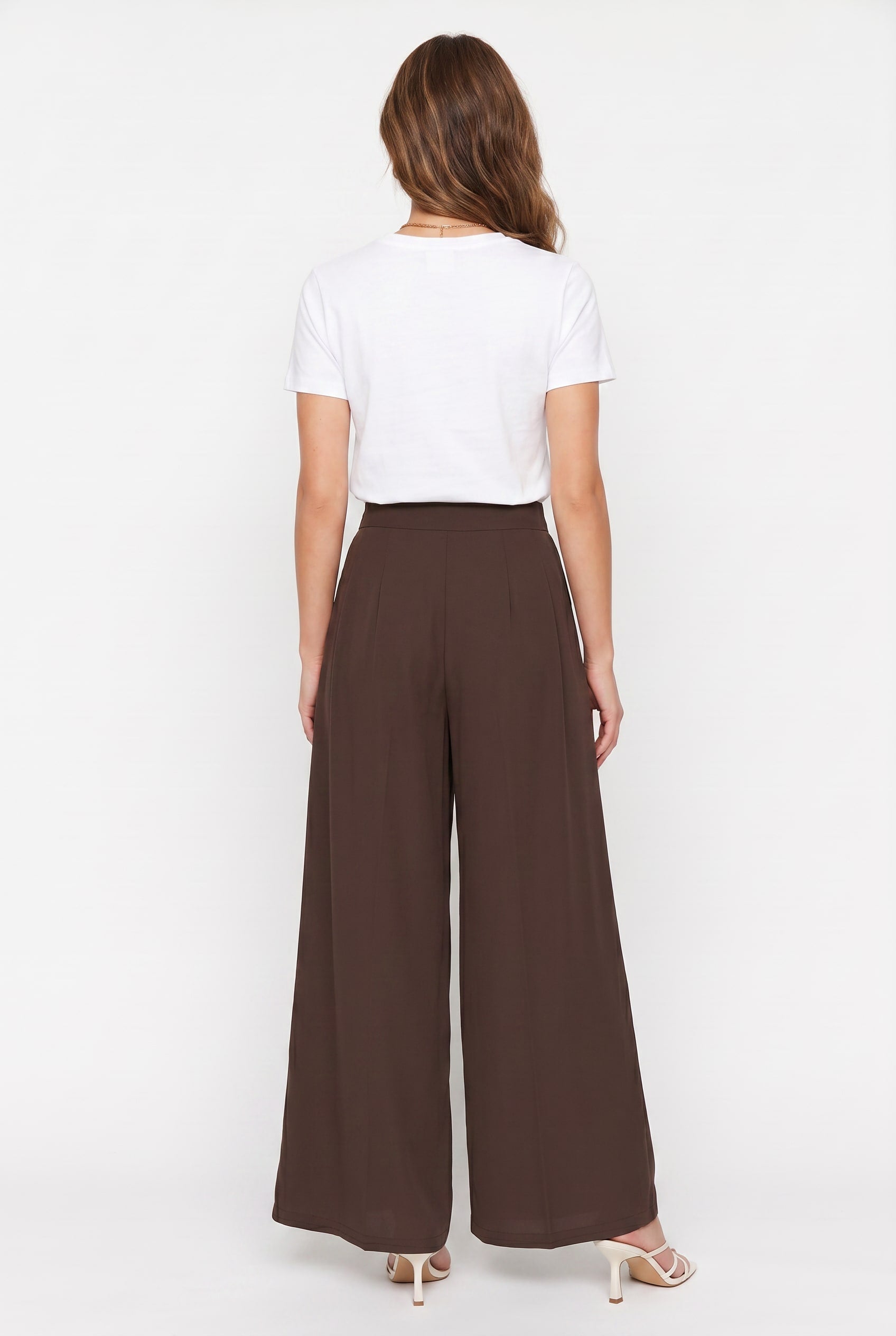 Chocolate Brown Wide Leg Pleated Trousers