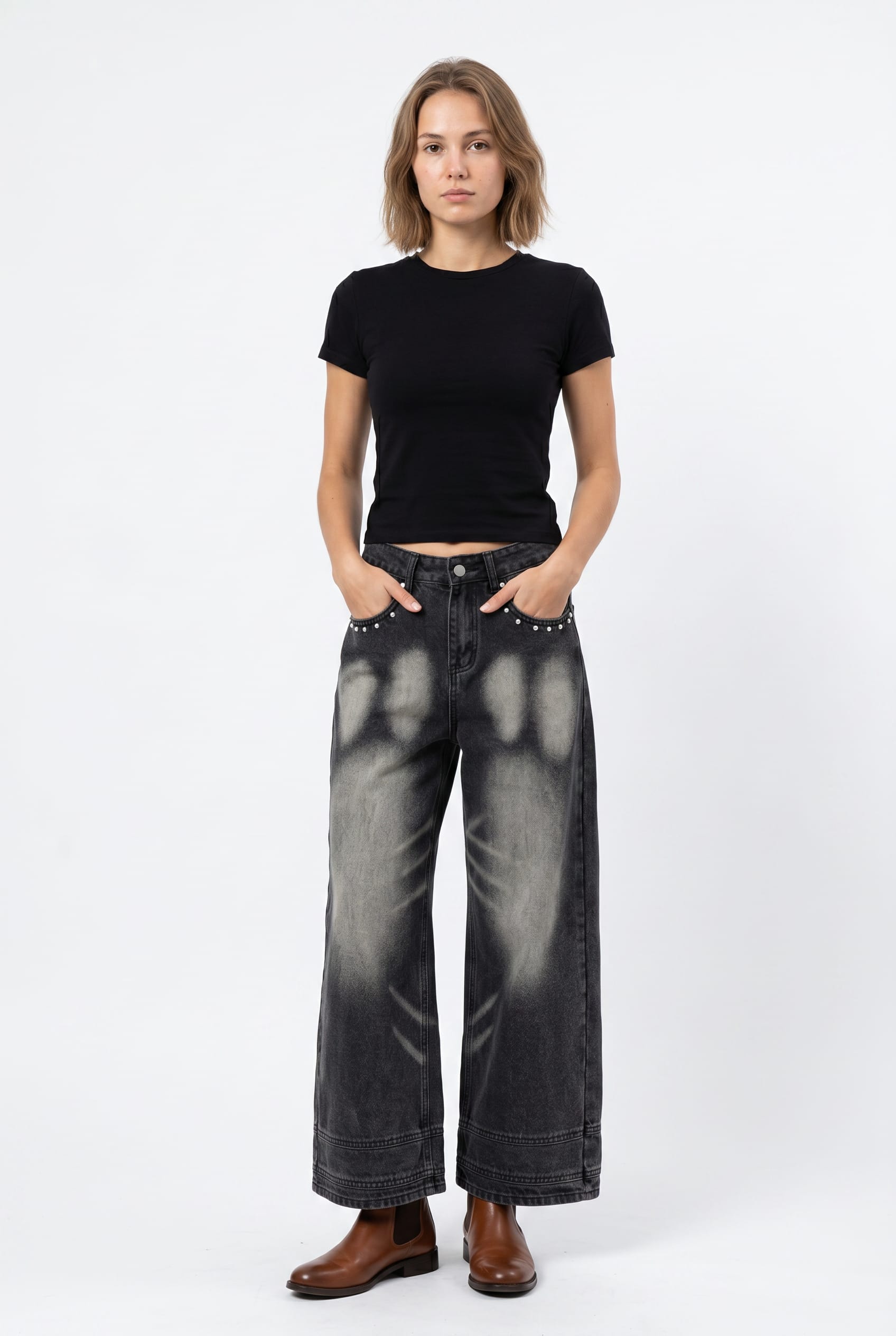Black Faded Wide Leg Denim Jeans
