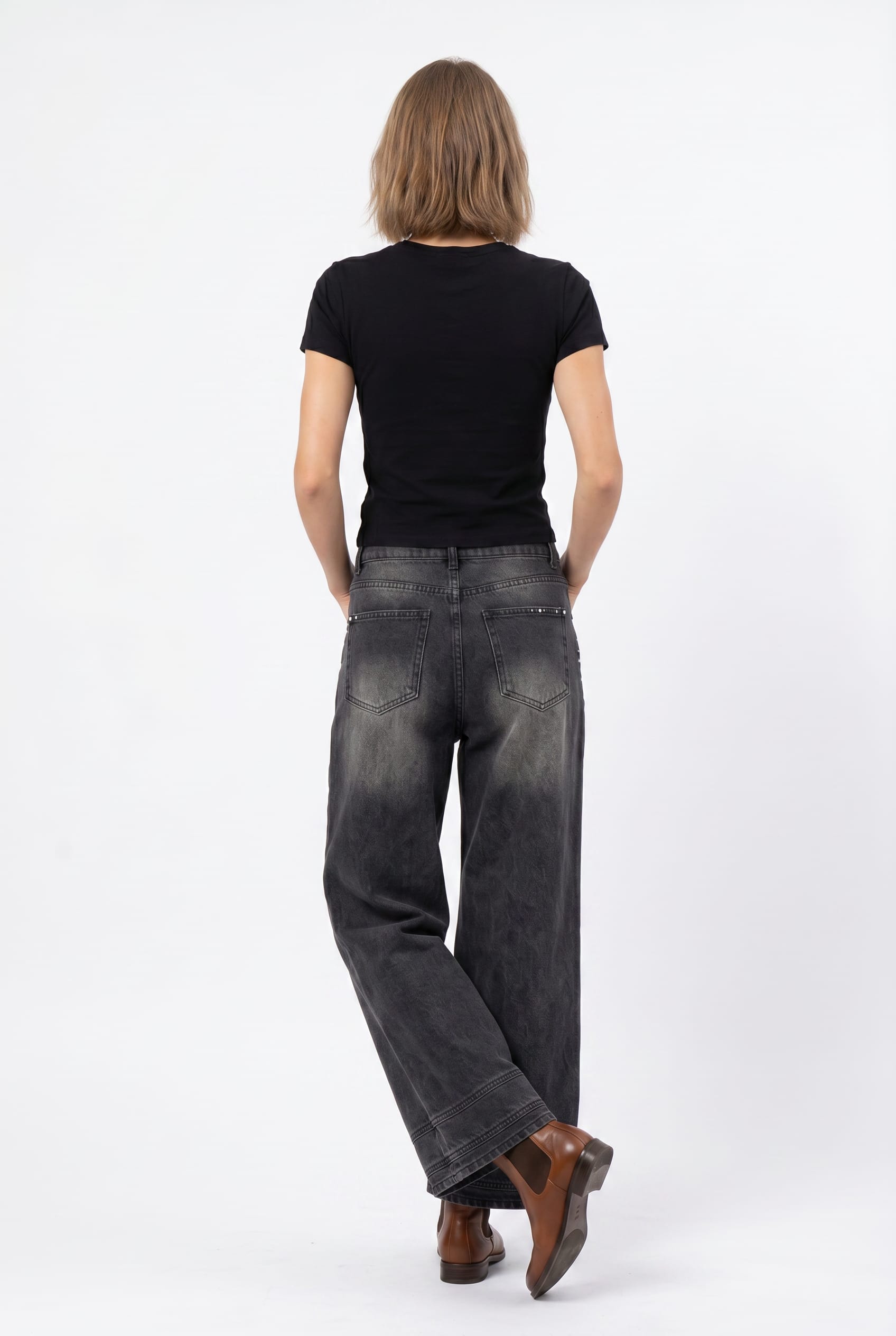 Black Faded Wide Leg Denim Jeans