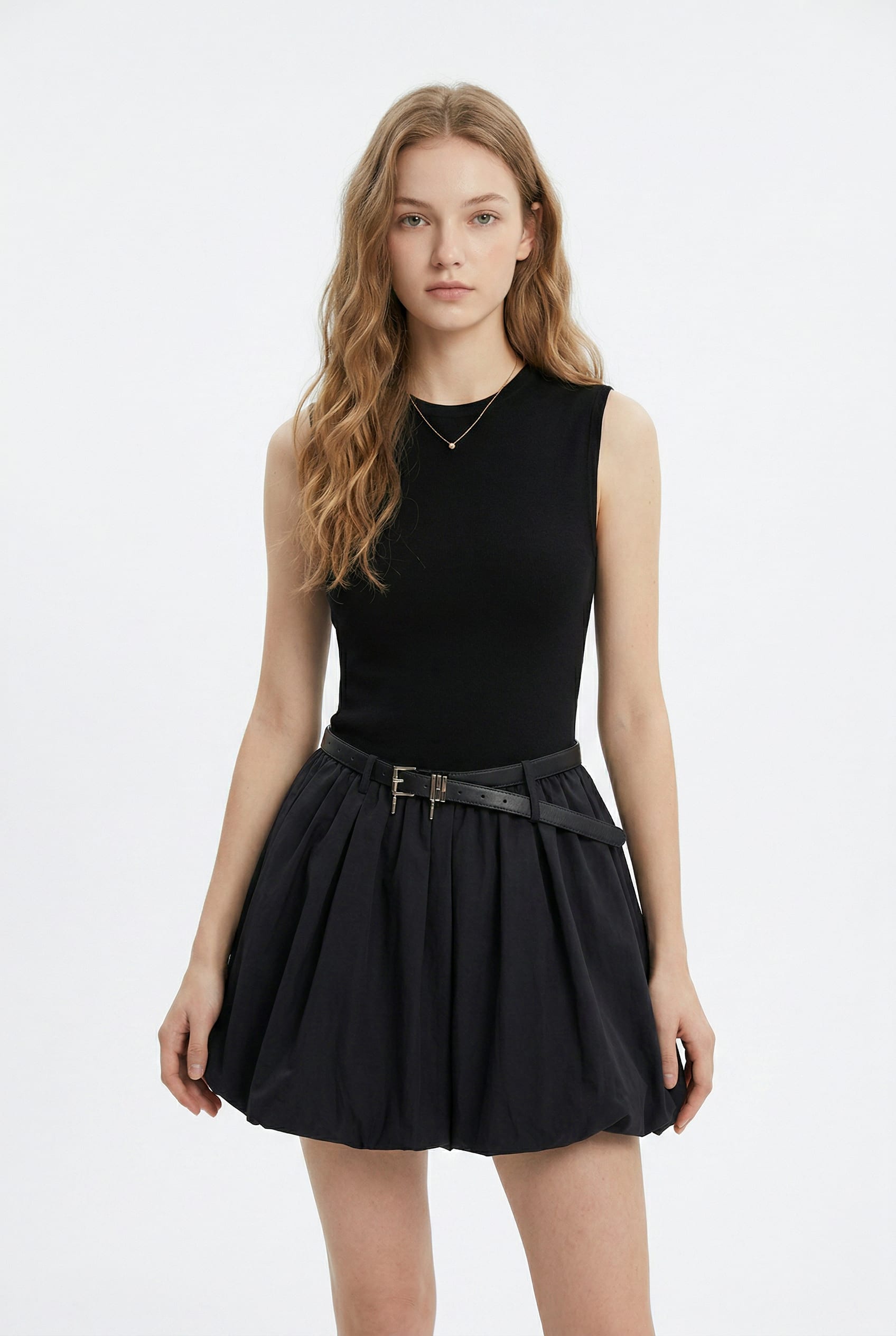 Black Belted Pleated Mini Dress