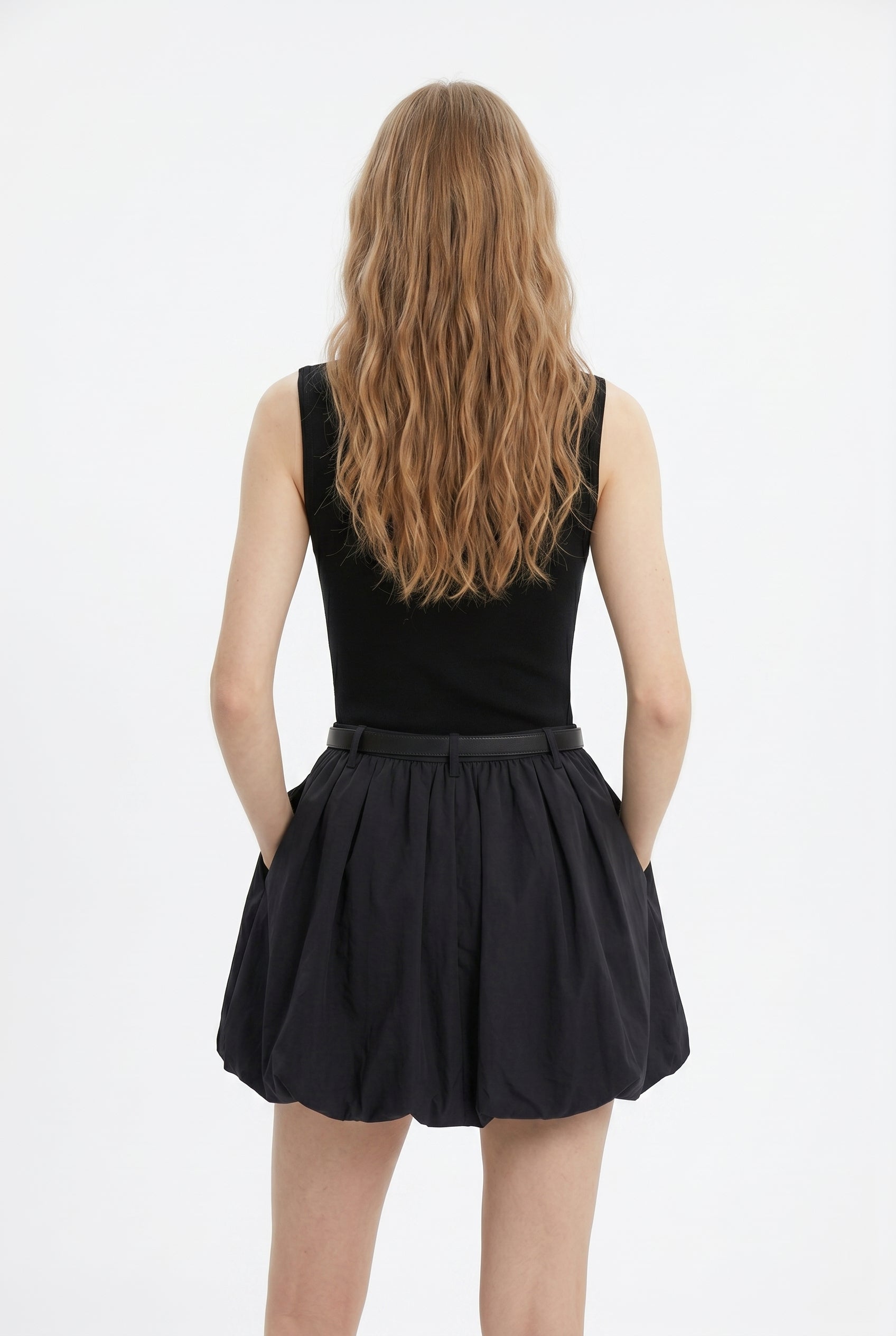 Black Belted Pleated Mini Dress