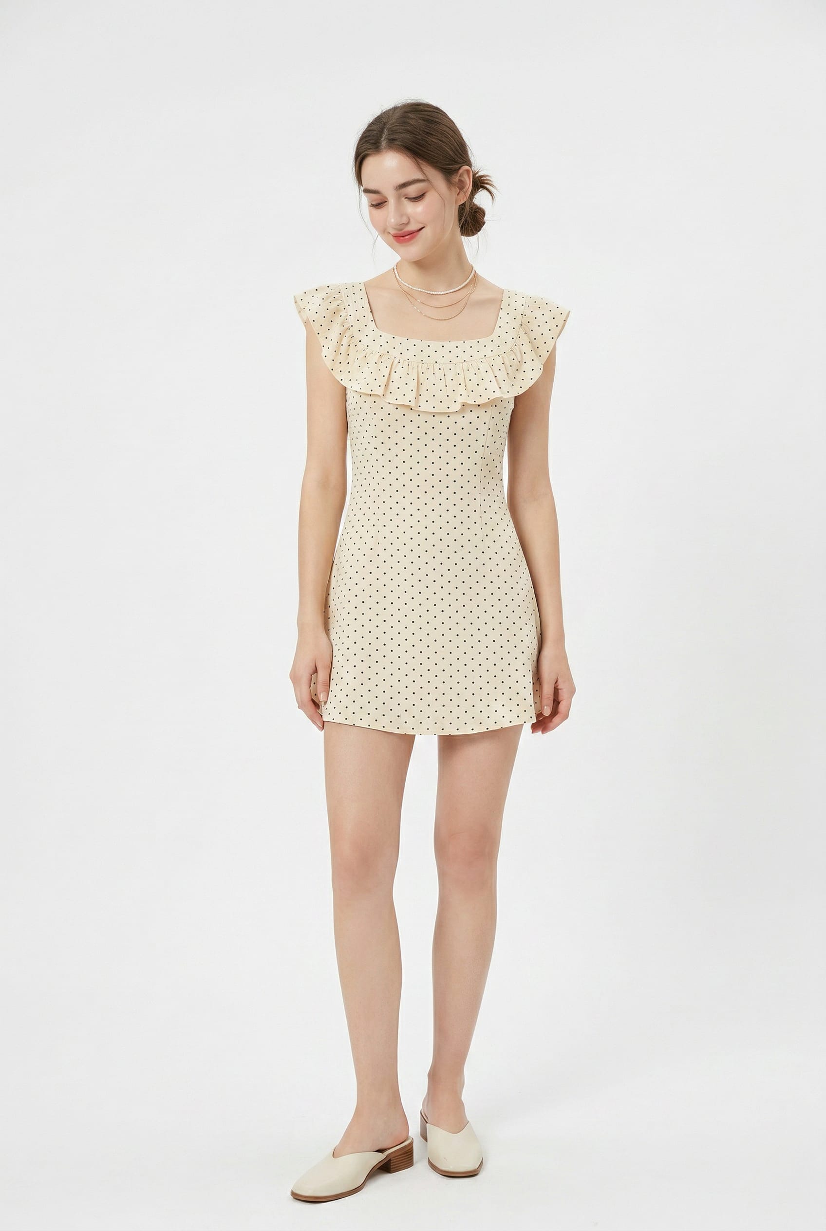 Cream Polka Dot Ruffle Collar Dress