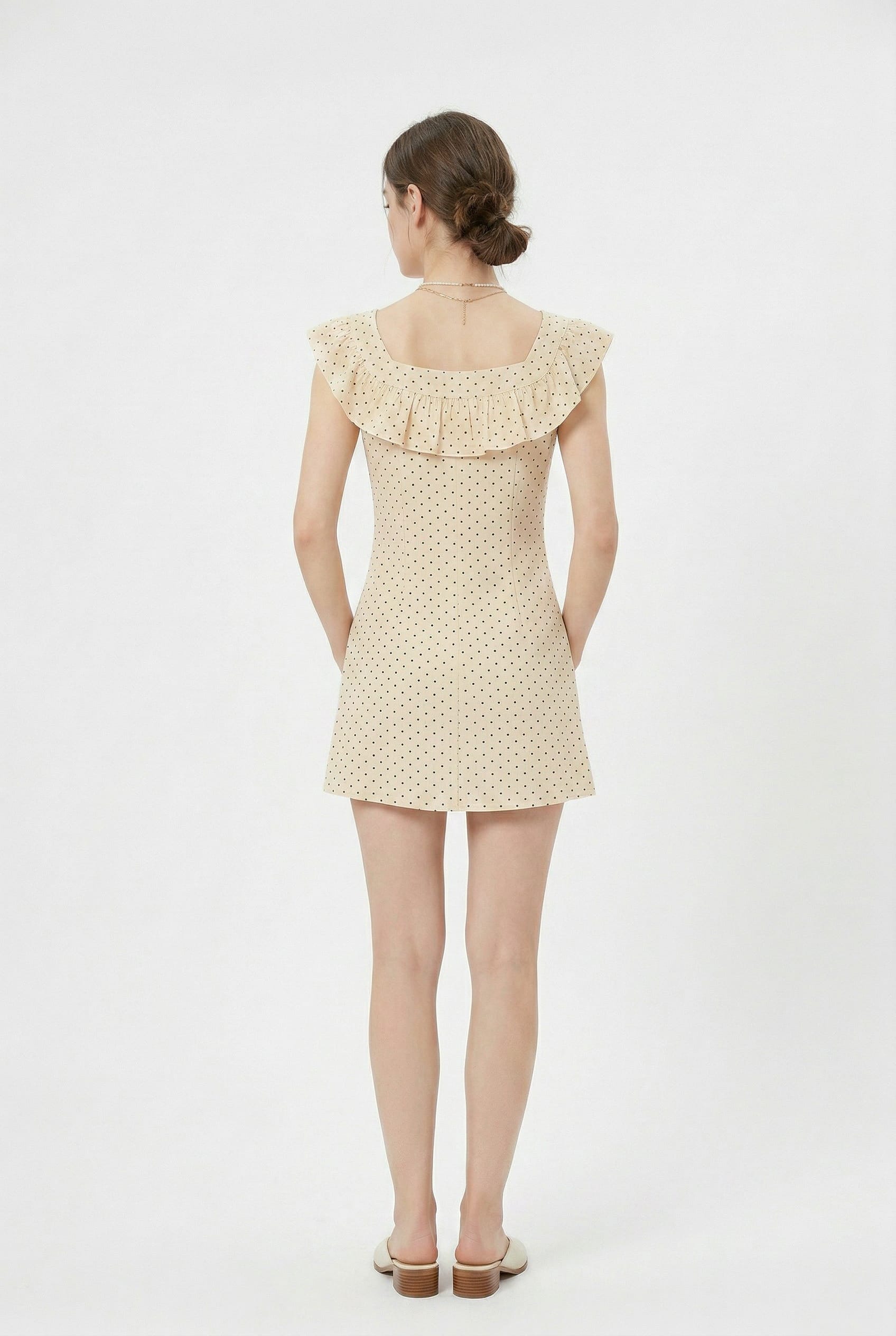 Cream Polka Dot Ruffle Collar Dress