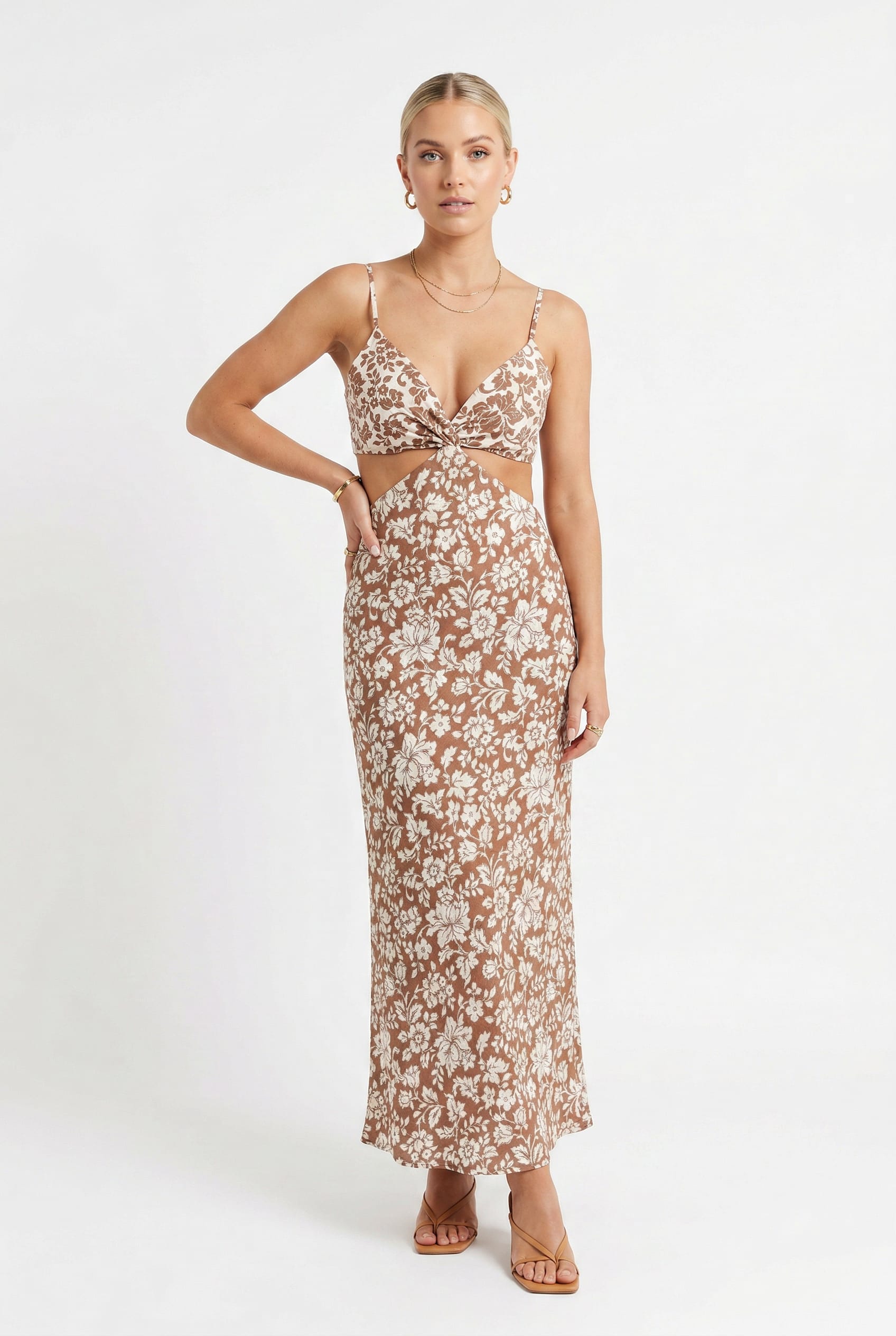 Tan Floral Cutout Maxi Dress