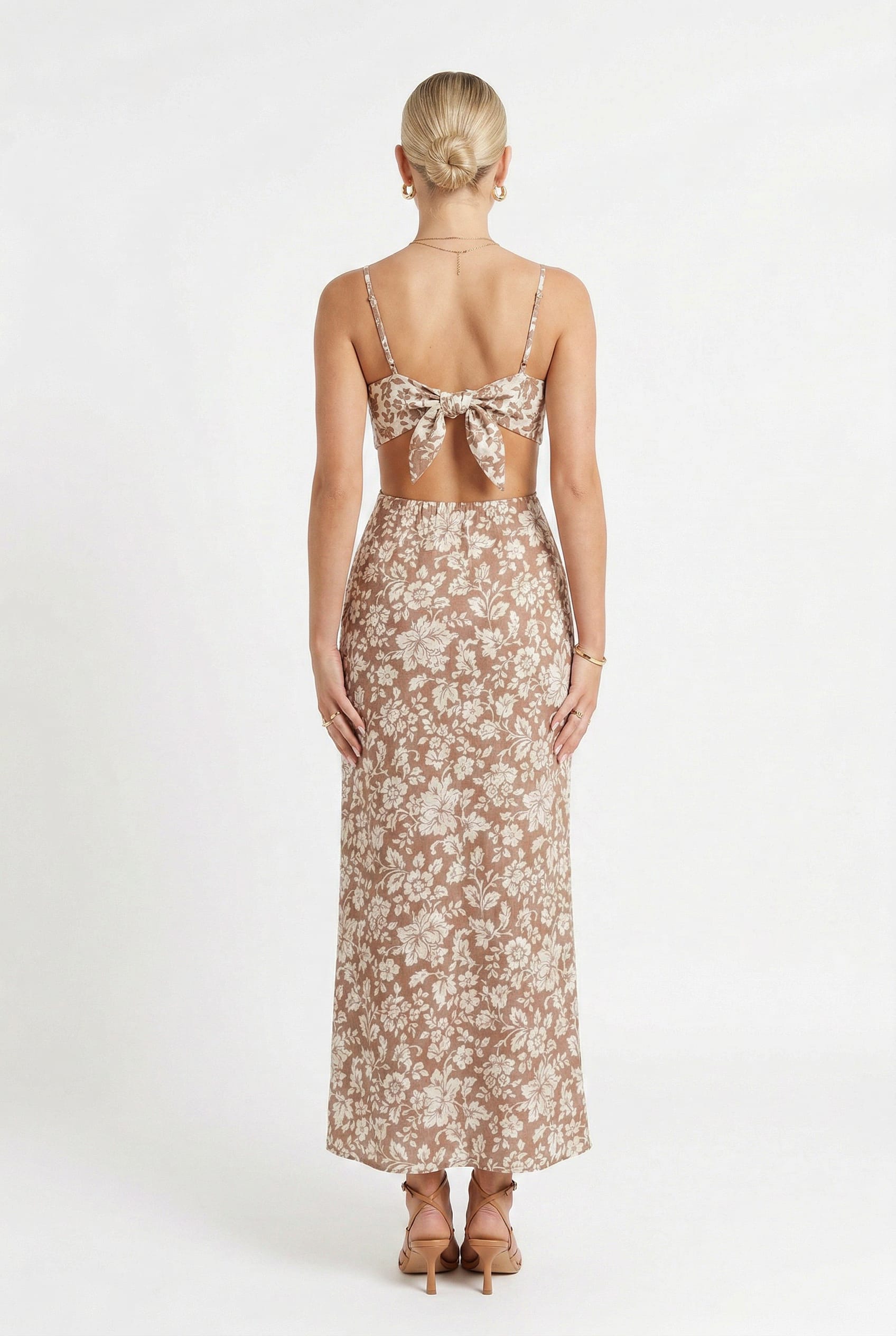 Tan Floral Cutout Maxi Dress