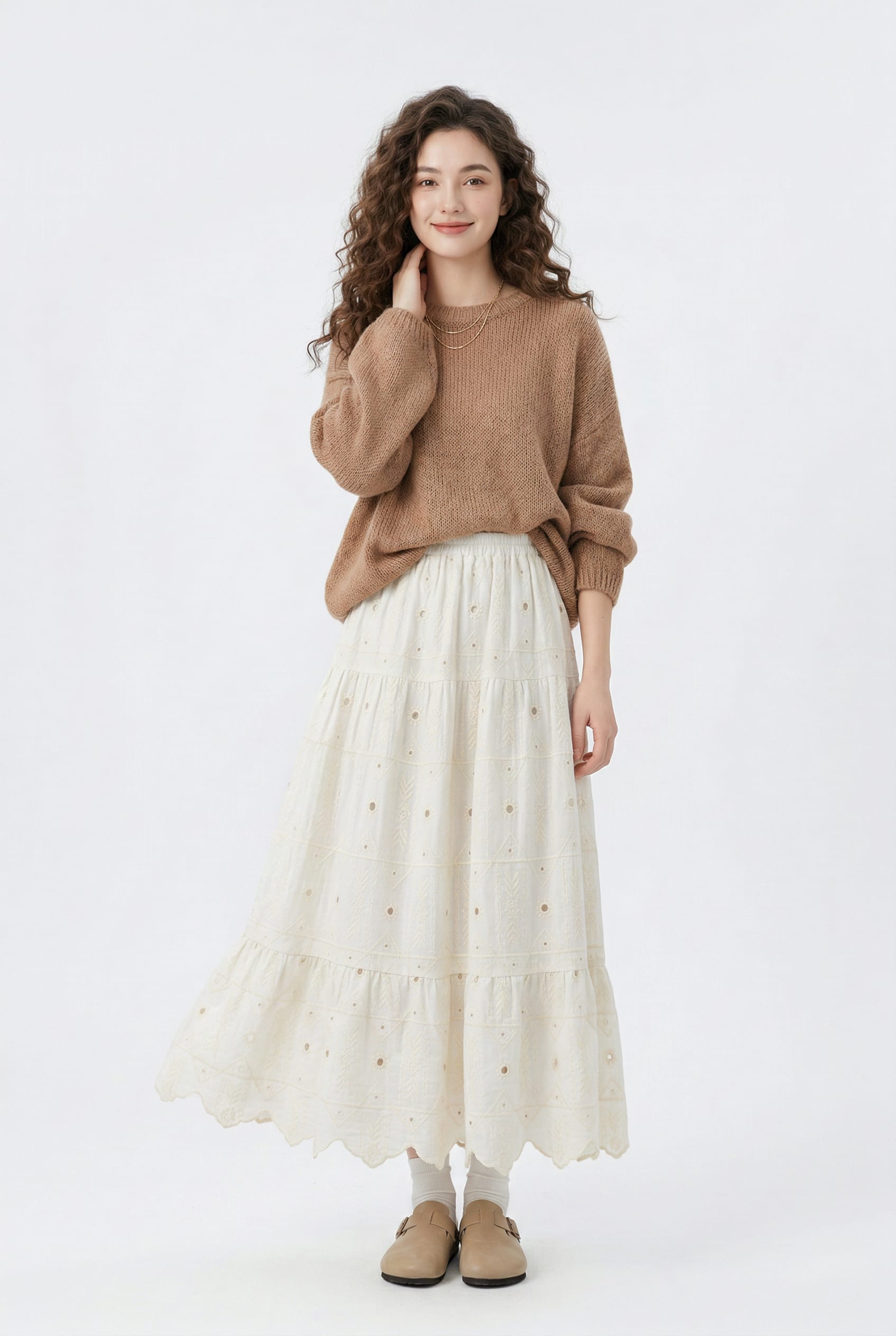 Ivory Embroidered Eyelet Tiered Maxi Skirt