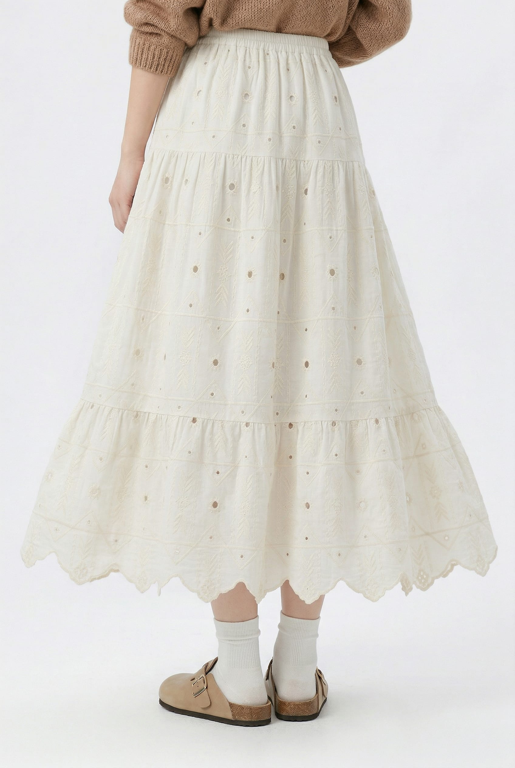Ivory Embroidered Eyelet Tiered Maxi Skirt
