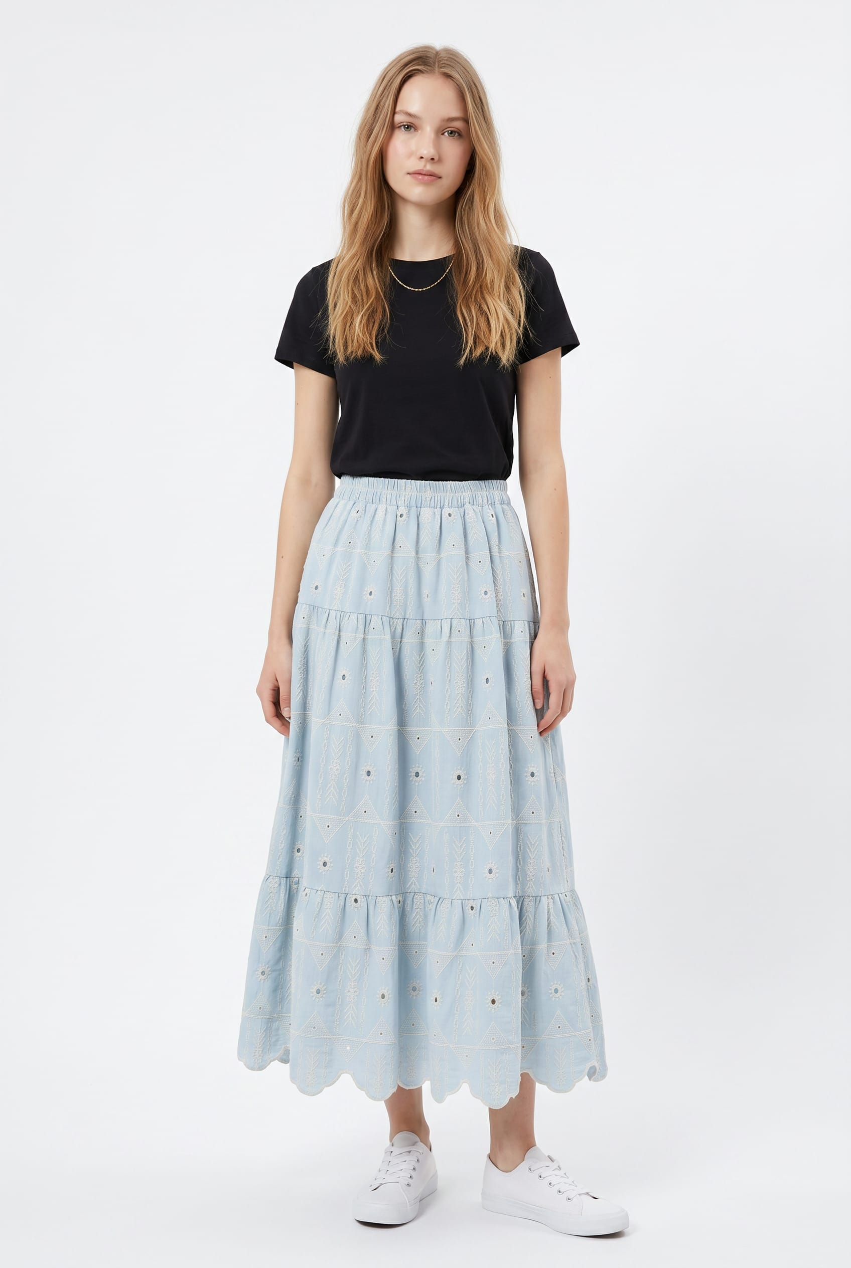 Powder Blue Embroidered Eyelet Maxi Skirt