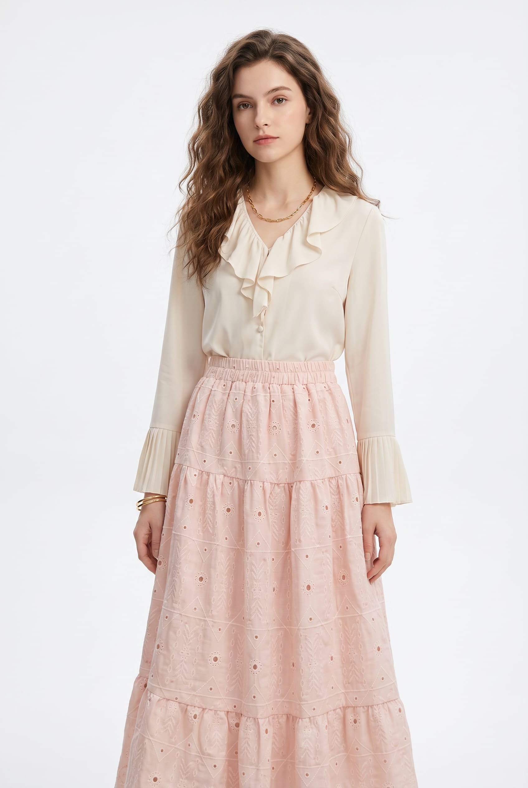 Pink Eyelet Embroidered Tiered Maxi Skirt