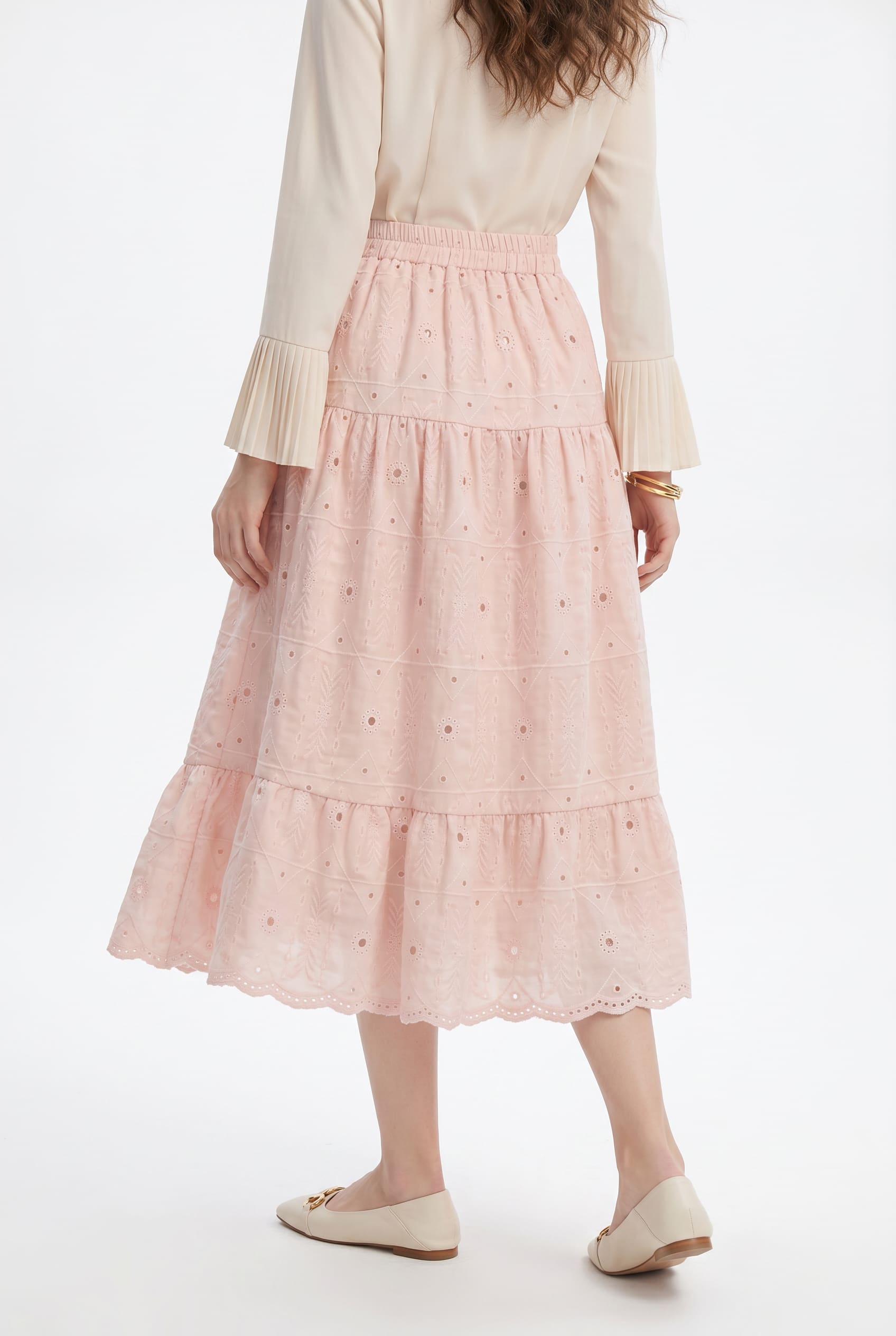 Pink Eyelet Embroidered Tiered Maxi Skirt